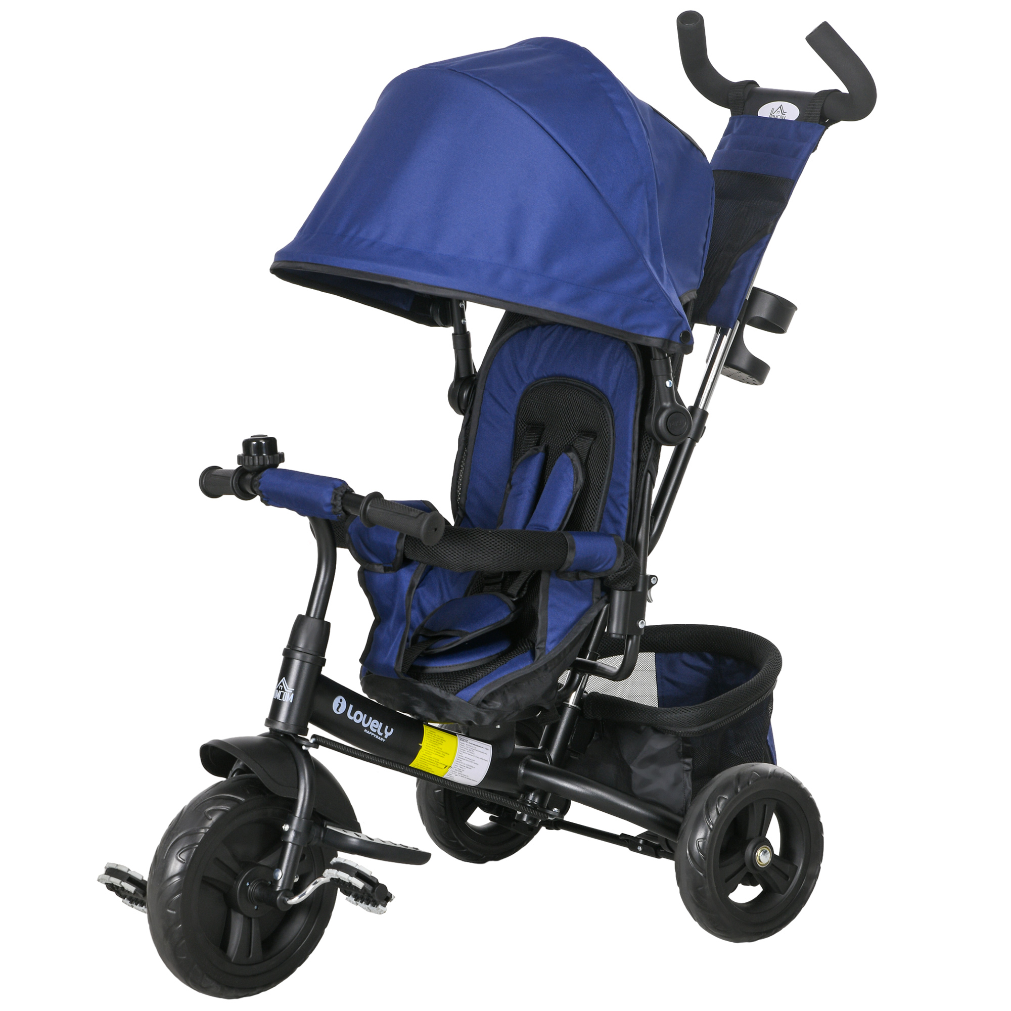 Kinder-Dreirad, Kinderfahrrad, Rückenkorb, Becherhalter, Sonnendach, Metall, Dunkelblau Kinder-Dreirad, Kinderfahrrad, Rückenkorb, Becherhalter, Sonnendach, Metall, Dunkelblau