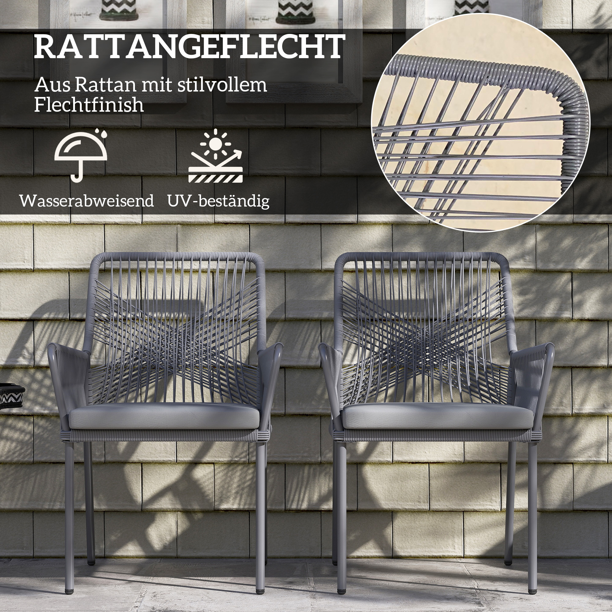 2er-Set Gartenstühle, Terrassenstühle, waschbare Kissen, Rückenlehne, Armlehnen, Stahl, Rattan, Dunkelgrau