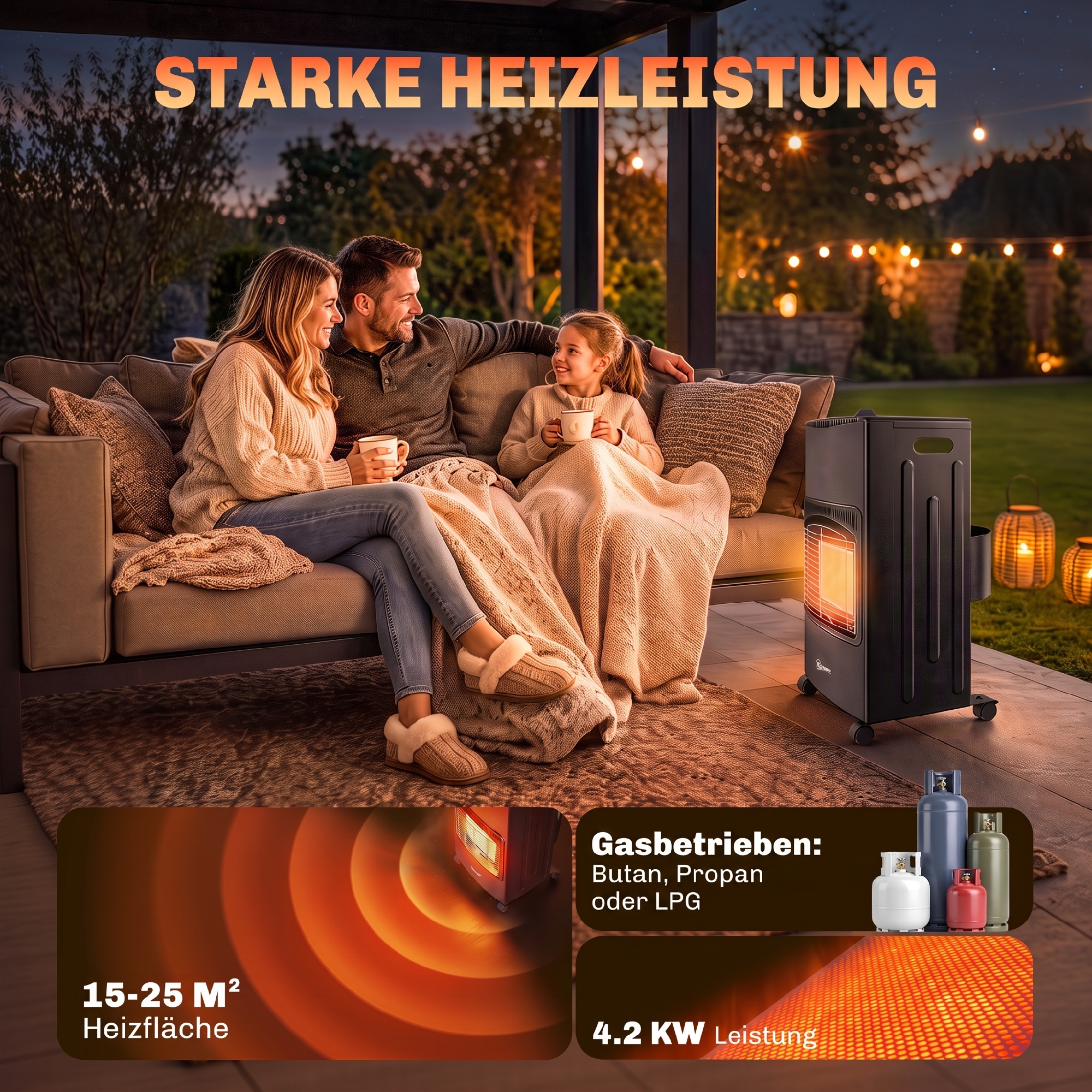 Gas Heizstrahler Outdoor 1,5-4,2 kW Klappbar Terrassenheizer mit Rollen Schutzhülle 3 Leistungsstufen Schlauch