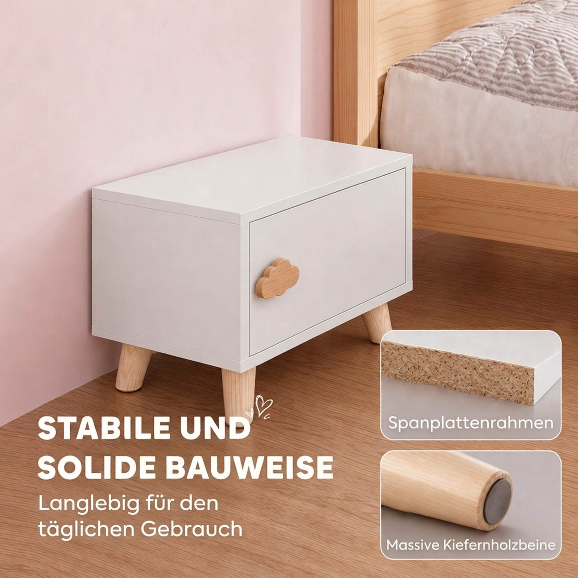 Kinder-Nachttisch aus Holz mit Staufach, Beistelltisch für Schlaf- und Wohnzimmer, Weiß