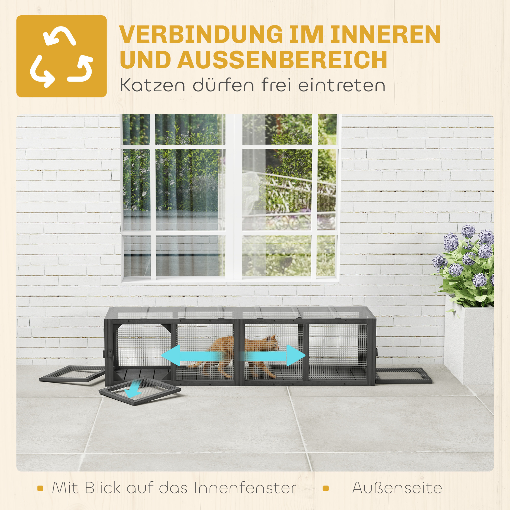 Katzentunnel Katzenspielzeug aus Holz mit 3 Türen, erweiterbar Spieltunnel für Katzen bis 10 kg, 151,5 x 38,5 cm Grau