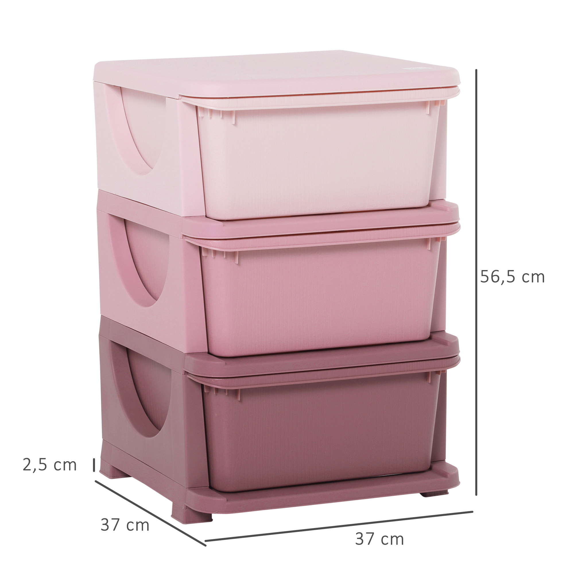 Aufbewahrungsboxen für Kinder, 3 Schubladen, abgerundete Kanten, erhöhtes Design, 37x37x56,5 cm, Rosa