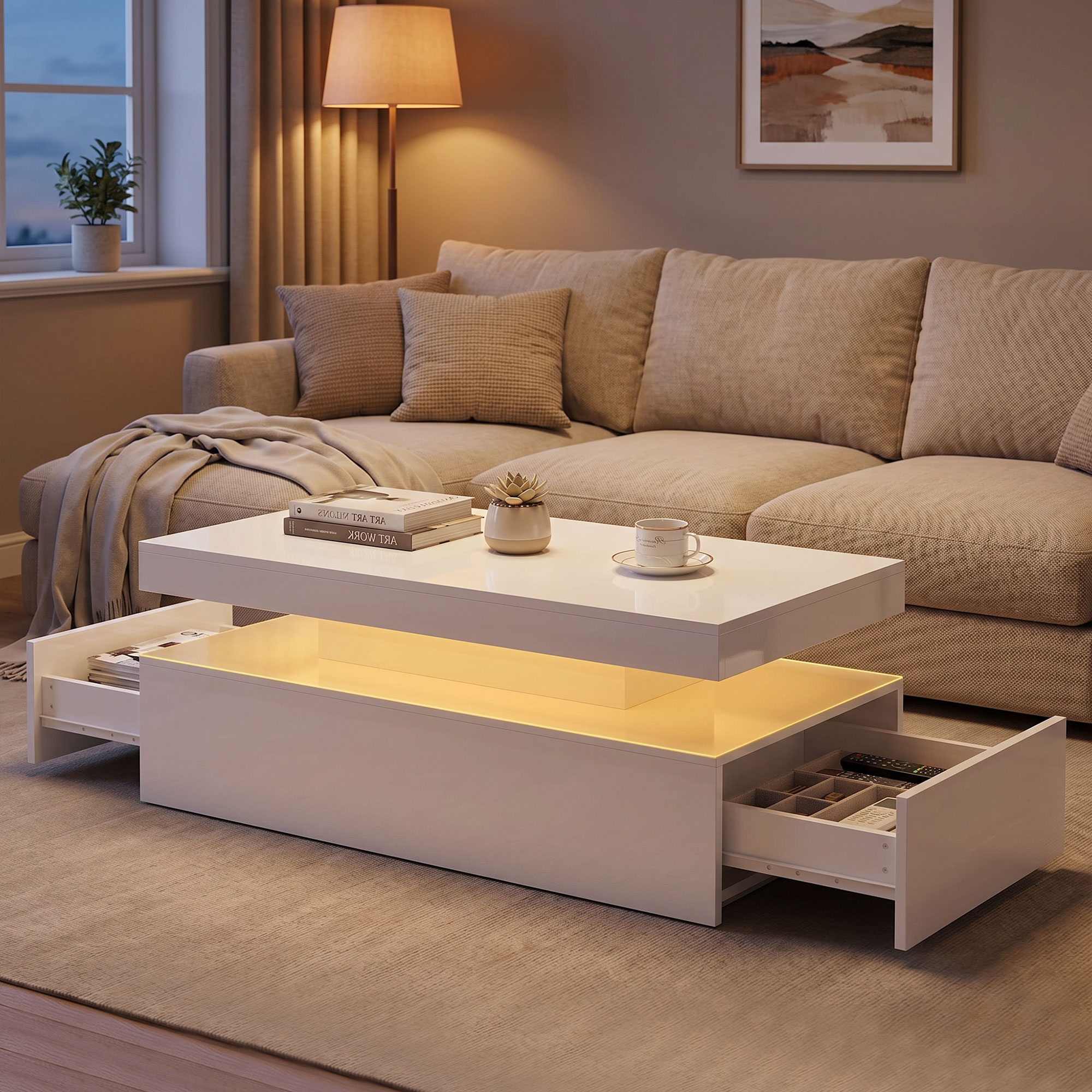 LED Couchtisch mit Stauraum, Moderner 2-Ebenen Wohnzimmertisch mit 2 Schubladen, Hochglanz Weiß
