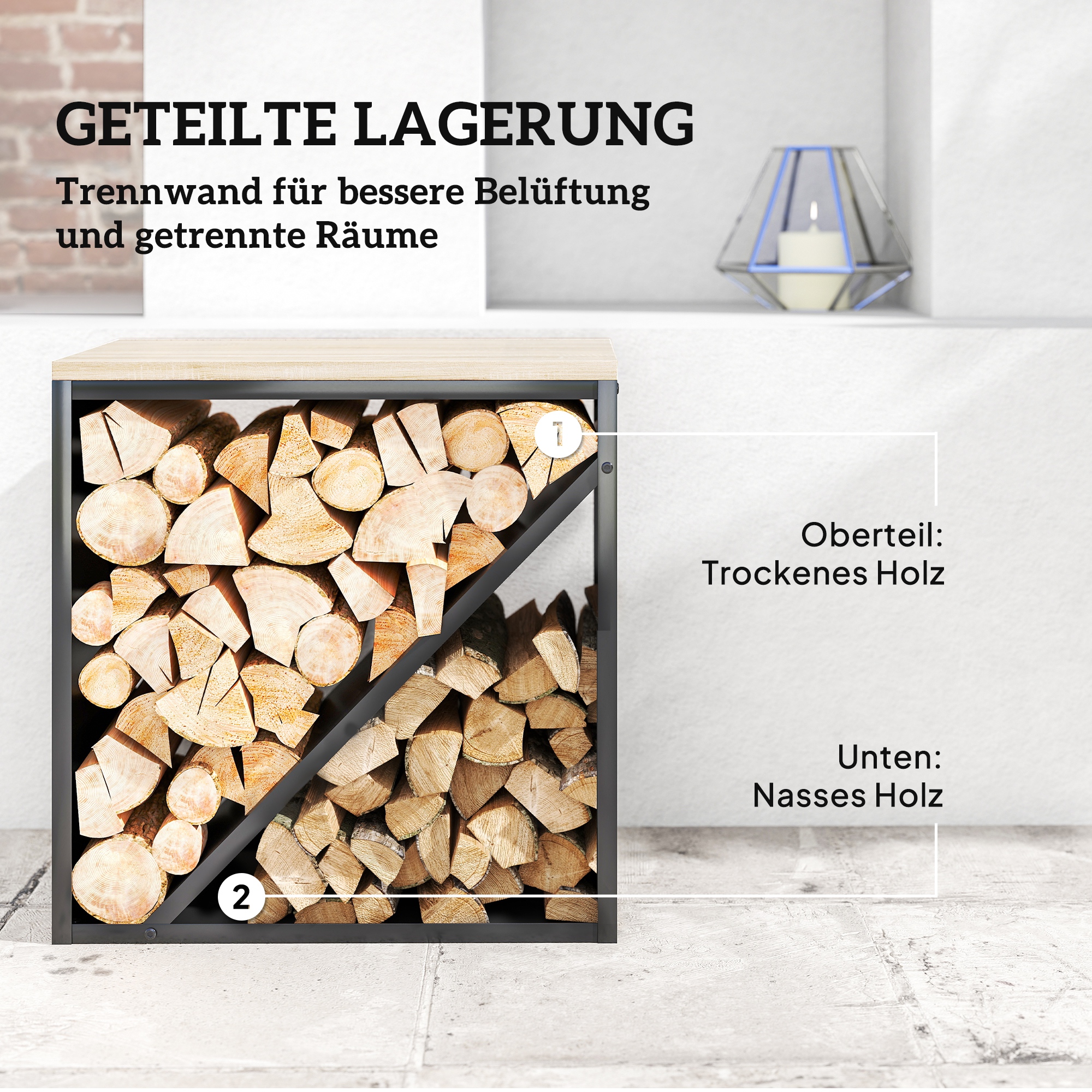 2-in-1 Kaminholzregal für innen 58 x 36 x 60cm erhöhtes Brennholzregal mit Trenner Metall Schwarz