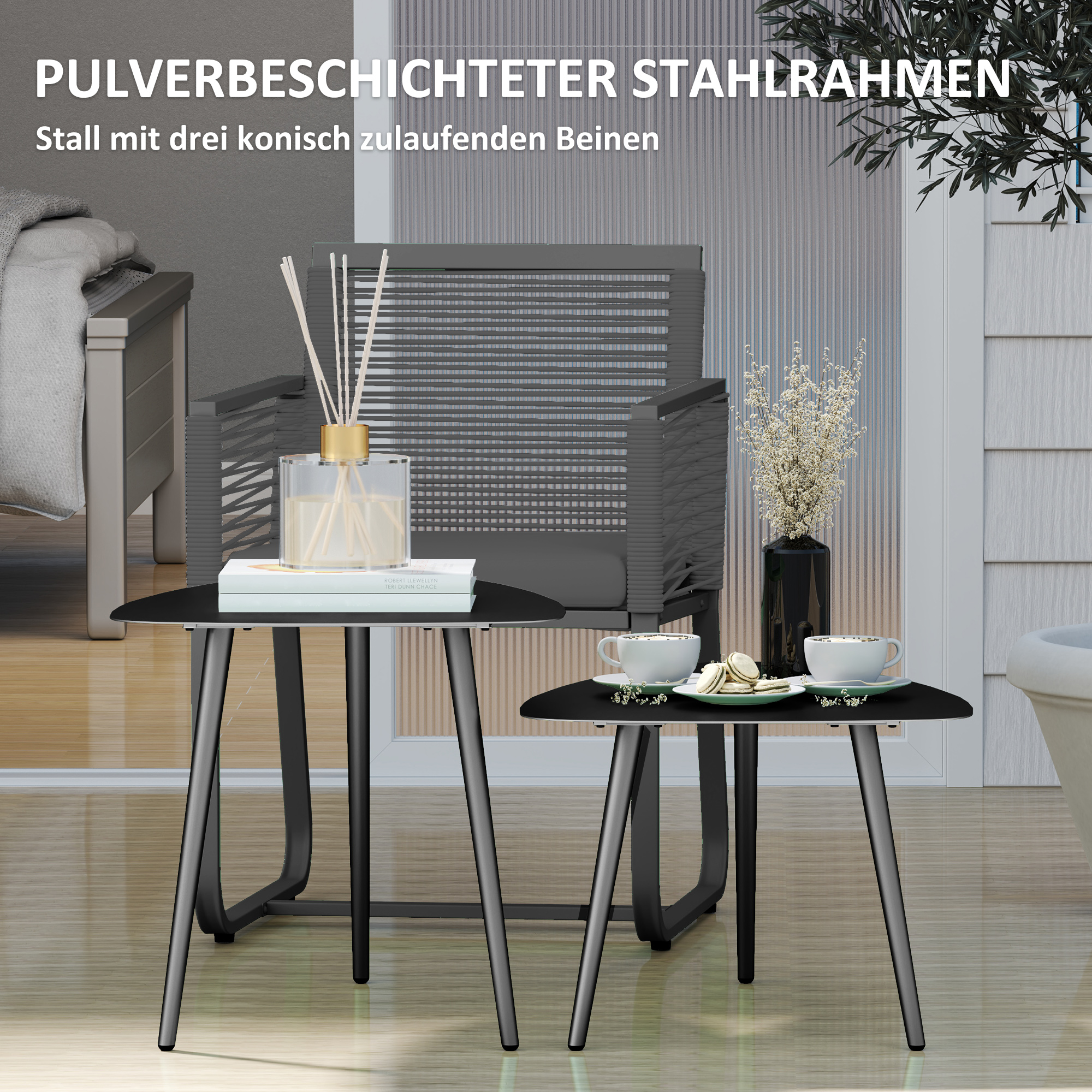 Couchtisch 2er Set, Wetterfest Balkontisch aus Stahl, Beistelltisch im Geometrischem Design Schwarz