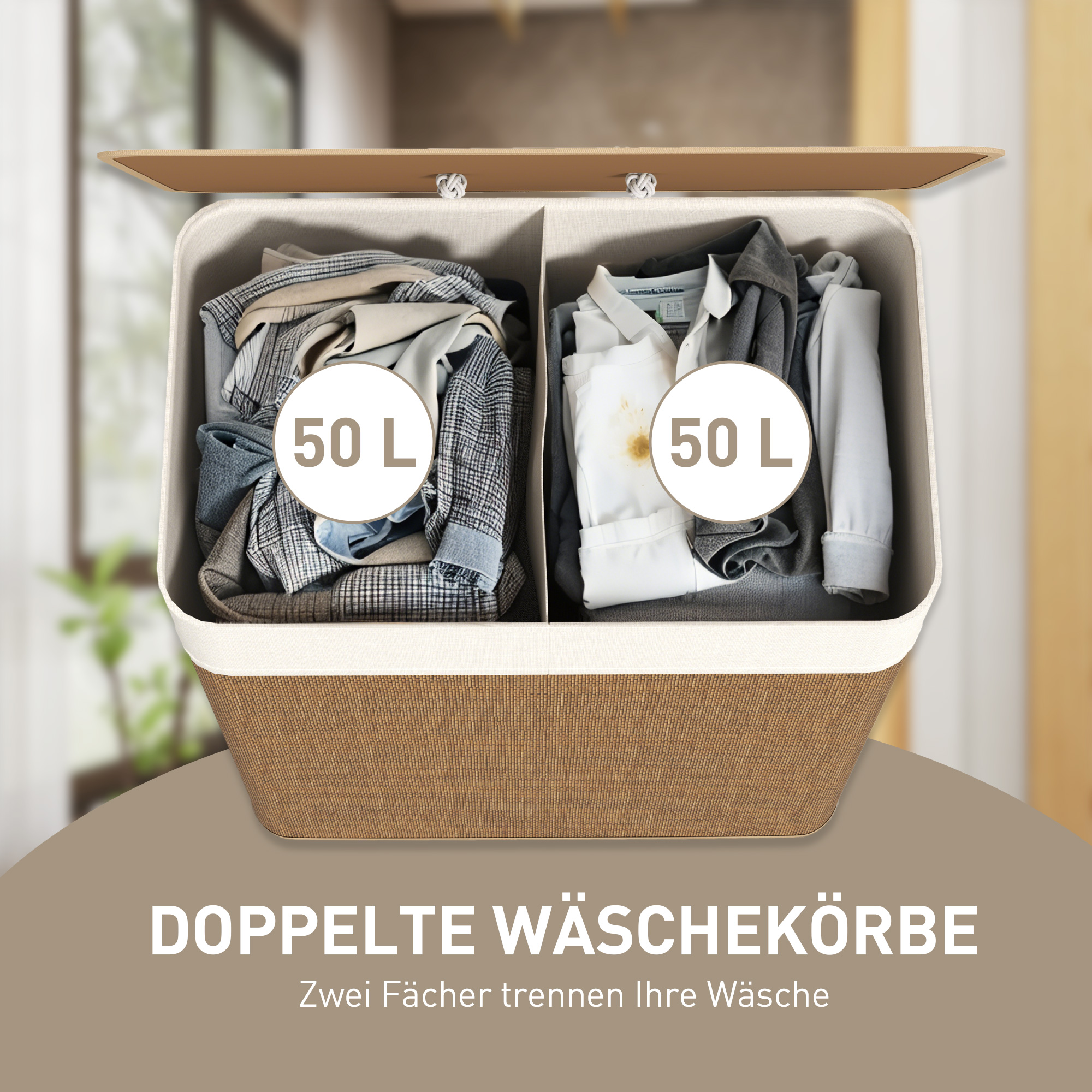 Bambus Wäschekorb mit Deckel 2 Fächer 100 L Wäschesammler mit Seilgriffen, herausnehmbarer Wäschesack