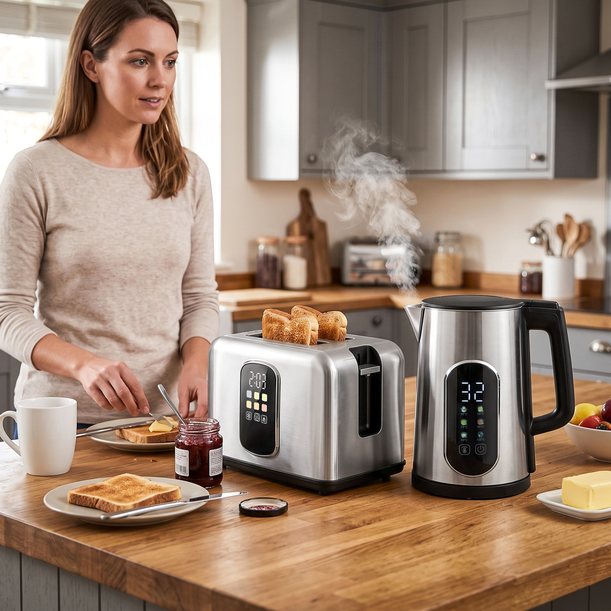 1,5-l-Wasserkocher, 2200 W, mit LED-Touchscreen, 2-Scheiben-Toaster mit 6 Bräunungsstufen, Silber