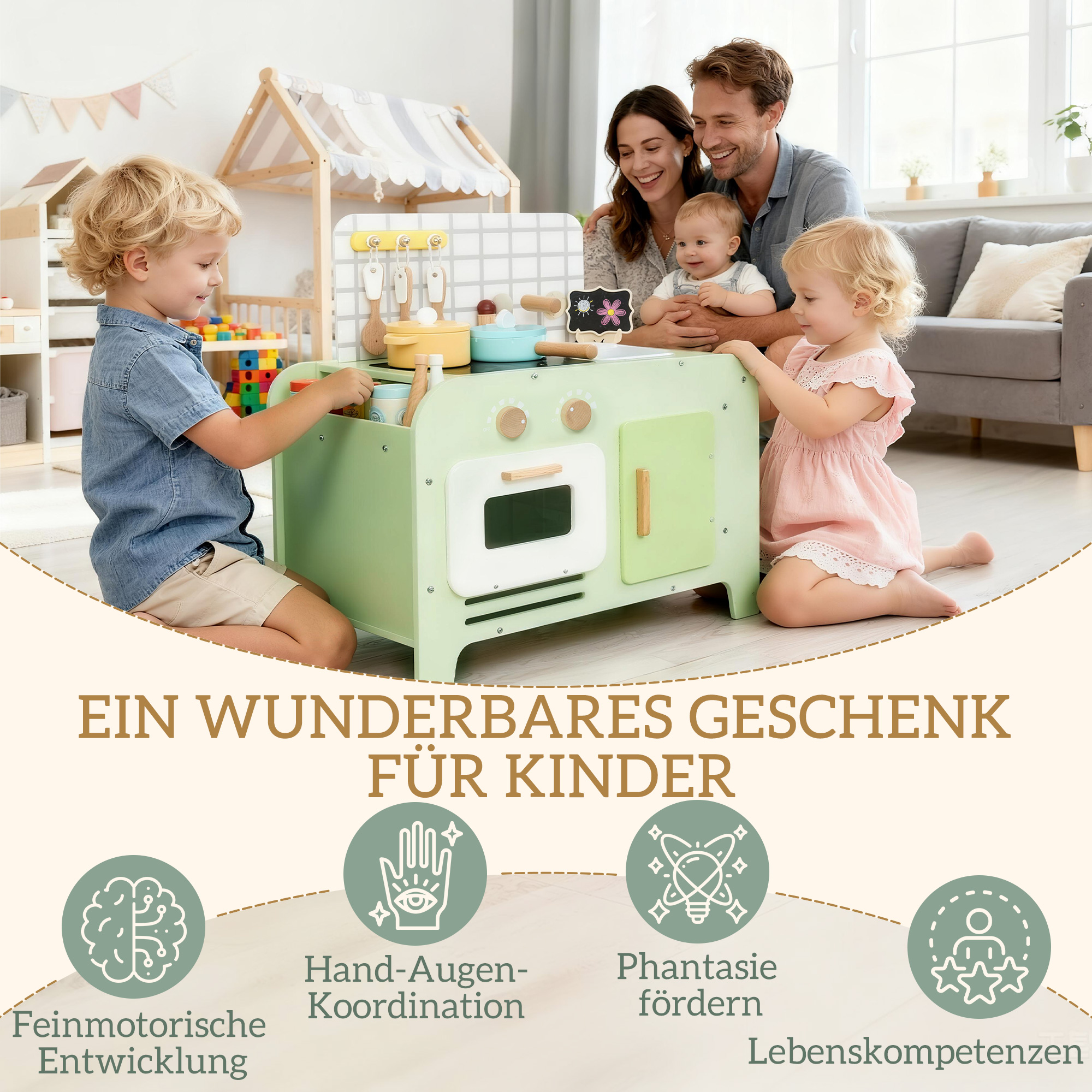 Kinderküchen-Spielset, MDF, 15 Zubehörteile, Schränke, 40 cm, ab 3 Jahren, Grün