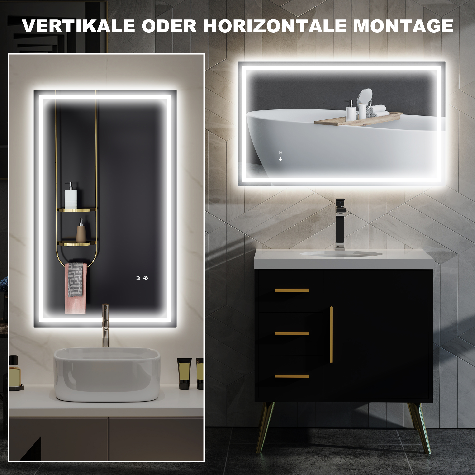 LED-Badezimmerspiegel, einstellbare Helligkeit, Antibeschlag-Funktion, wasserfest