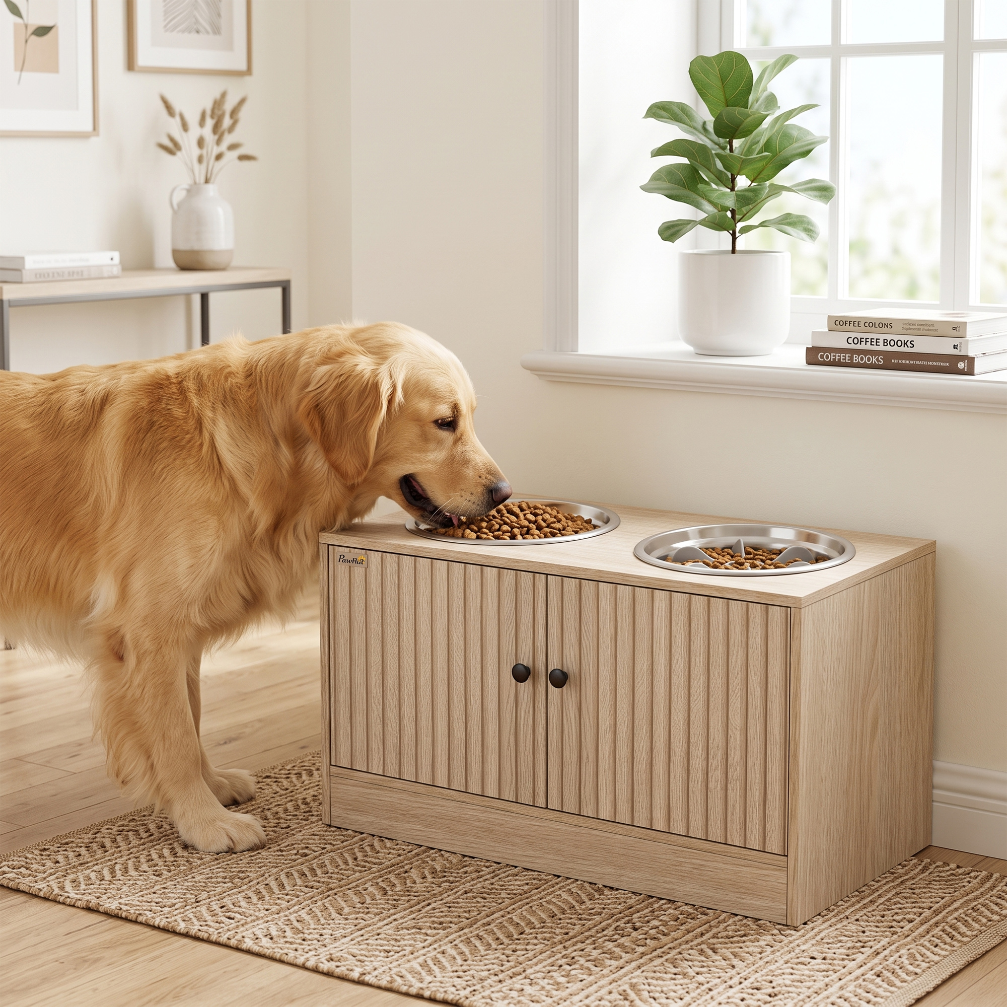 Hundefutterstation mit 2 Edelstahl-Näpfen, Schrank für Utensilien, für große Hunde, Zubehör, Holz