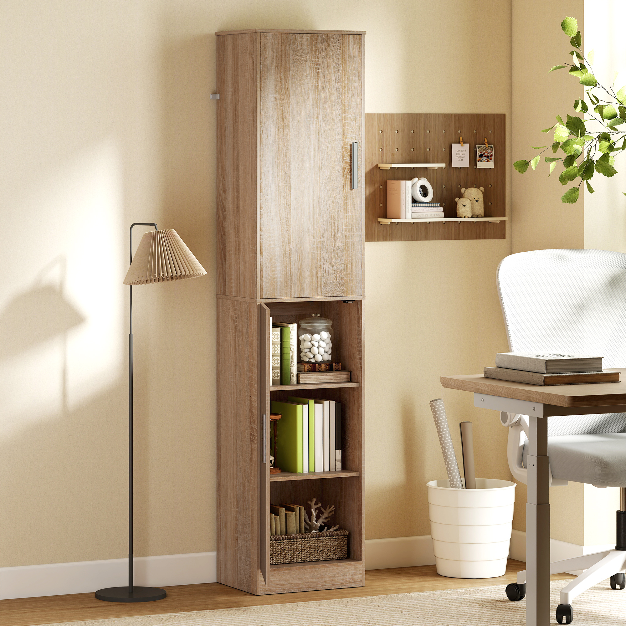 180 cm hoher Badezimmerschrank, schmaler Badschrank mit 2 Türen, 4 verstellbare Regale, Spanplatte, MDF, Naturholz