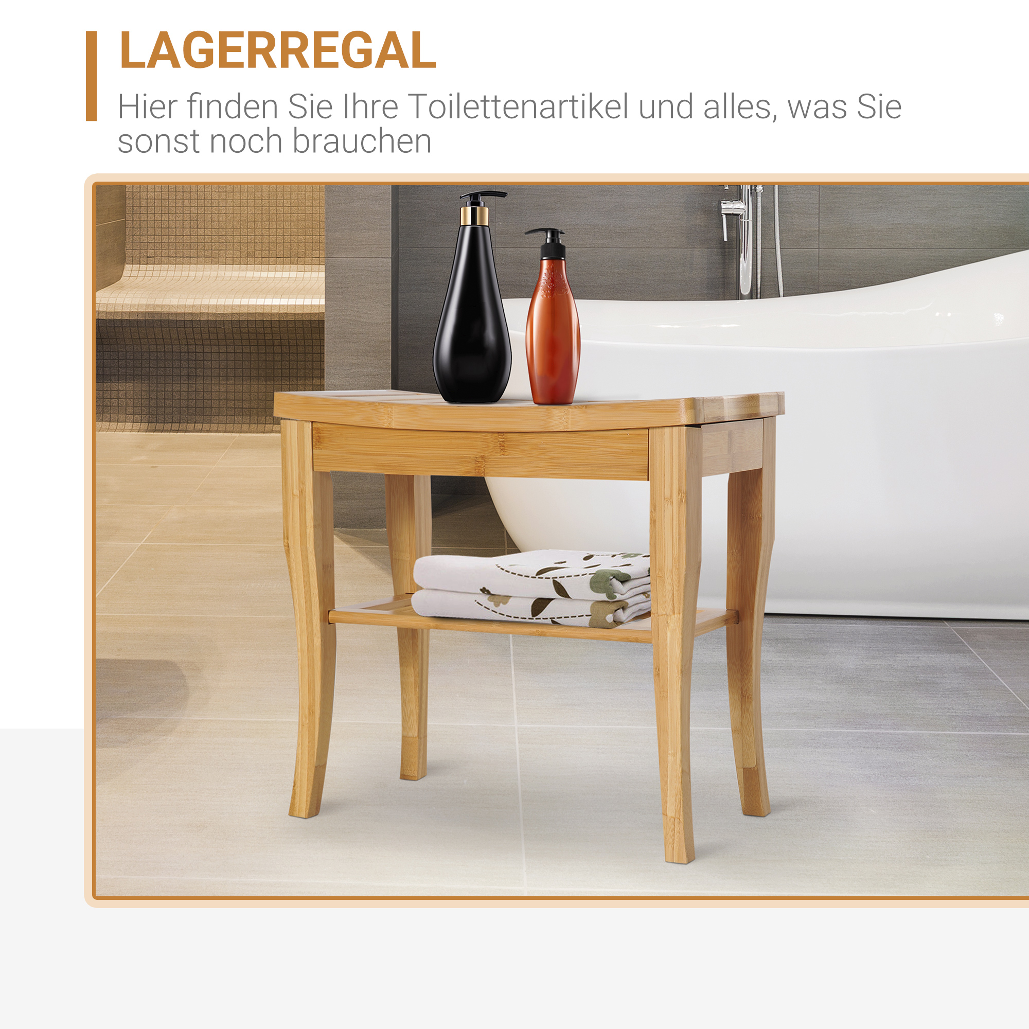 Duschhocker Badhocker mit Ablage Duschsitz Duschstuhl Badstuhl Badregal Bambus 47,5 x 26 x 44,5 cm Natur