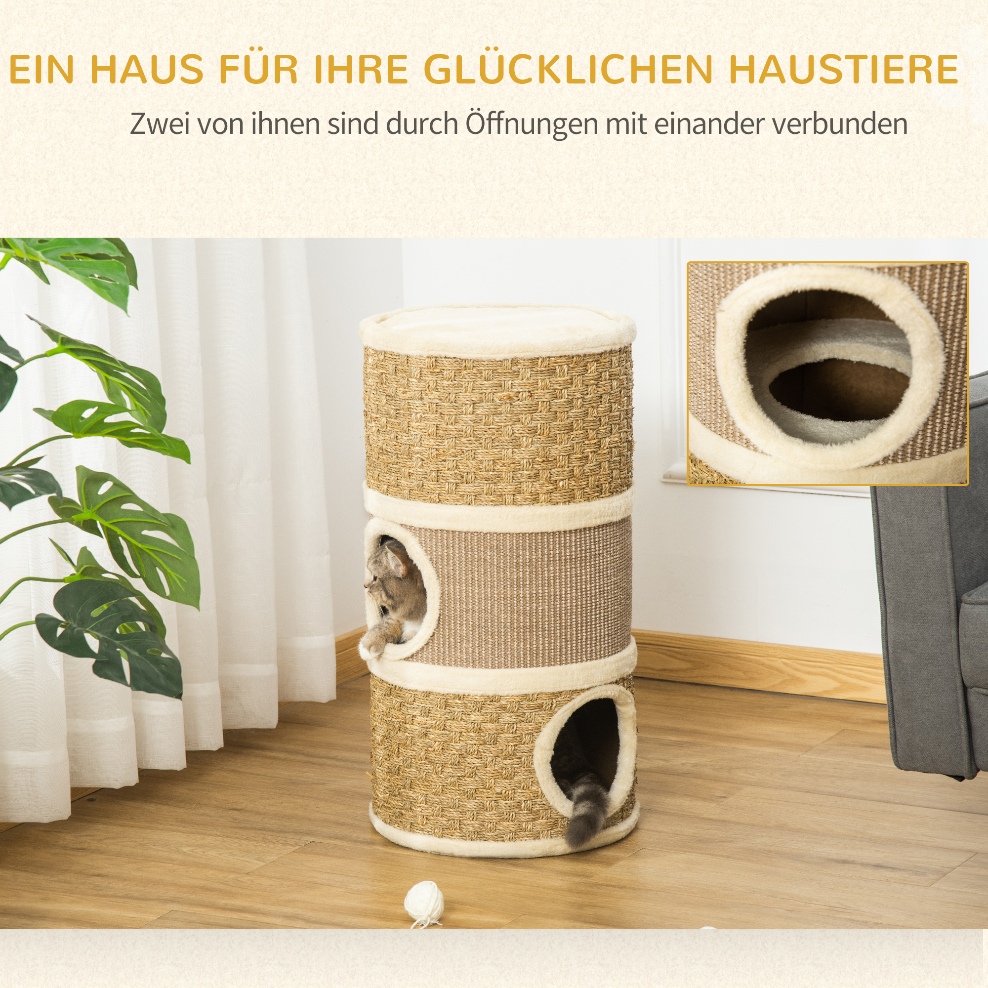 Kratztonne, Höhe 70 cm, Katzenkratzbaum für katzen 3 Ebenen Katzenbaum Kletterbaum Katzenmöbel mit Sisal Plüsch