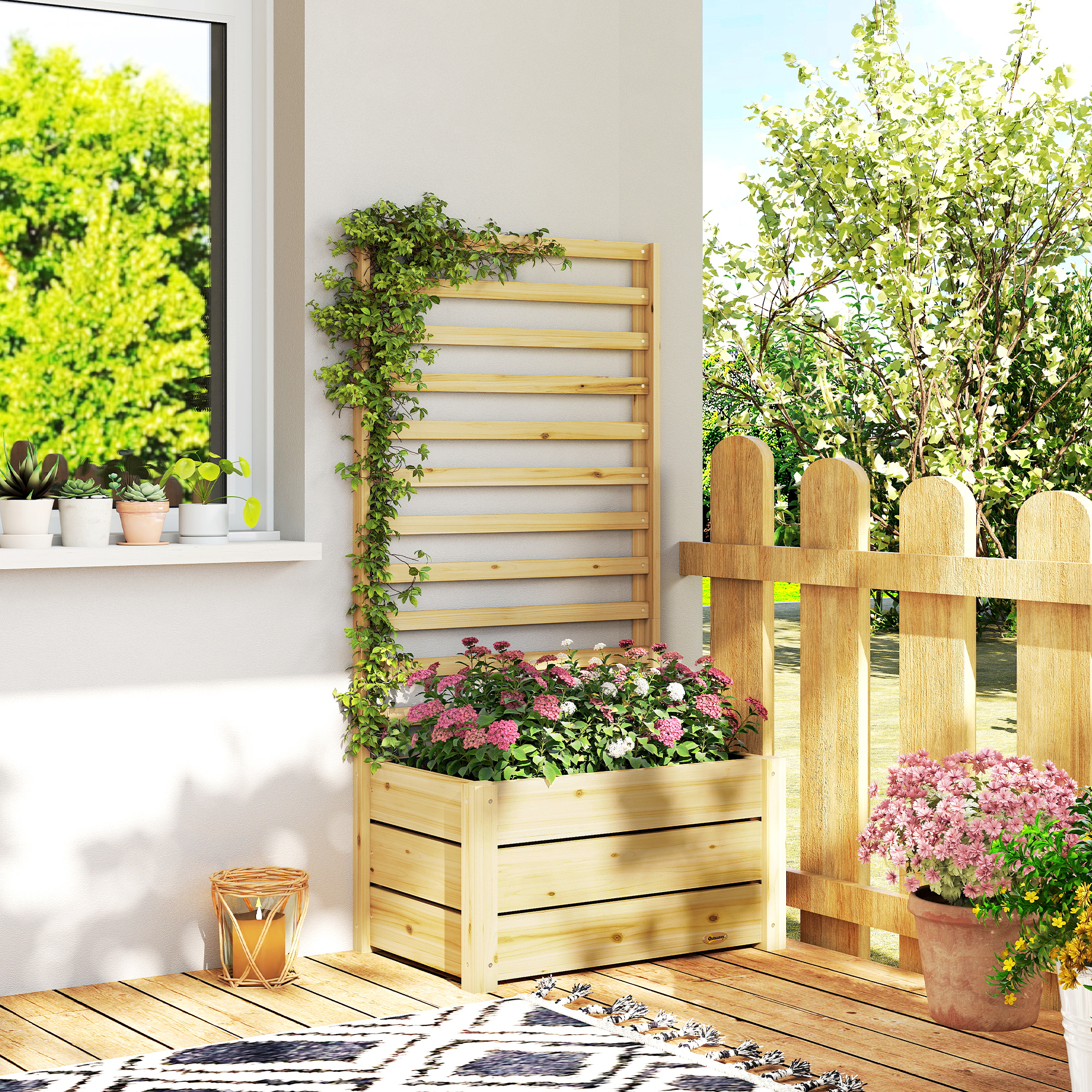 Hochbeet mit Rankgitter Holz erhöhter Blumenkasten mit Spalier Abflussloch Vliesstoff 60 x 39 x 120 cm Naturholz