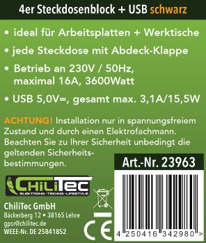 4-fach Steckdosenblock, USB-A+C, schwarz / 250V~/ 16A, USB 3,1A, PD, mit Klappen