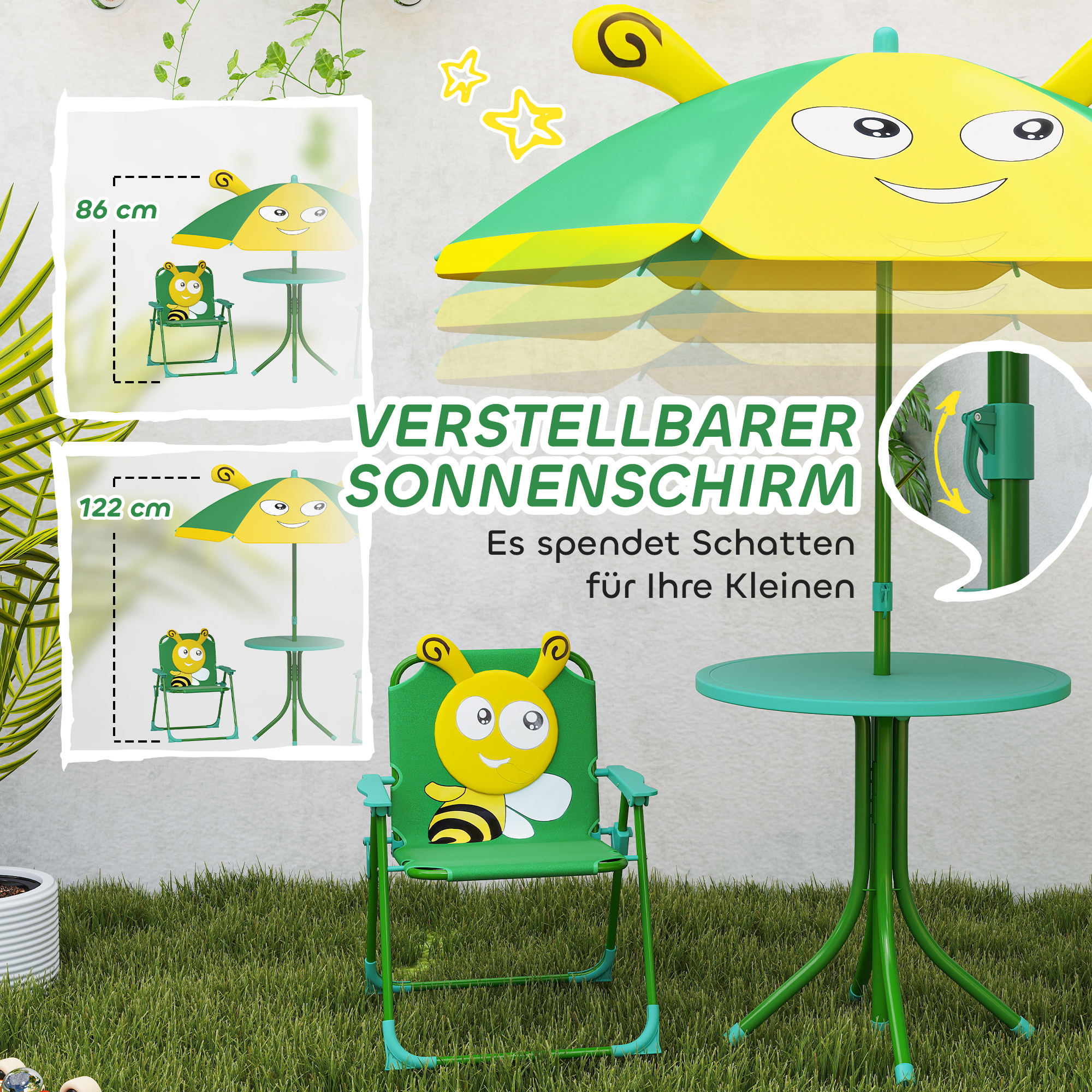 Gartenmöbel-Set für Kinder, Stühle, Tisch, Sonnenschirm, Bienen-Design, Grün+Gelb