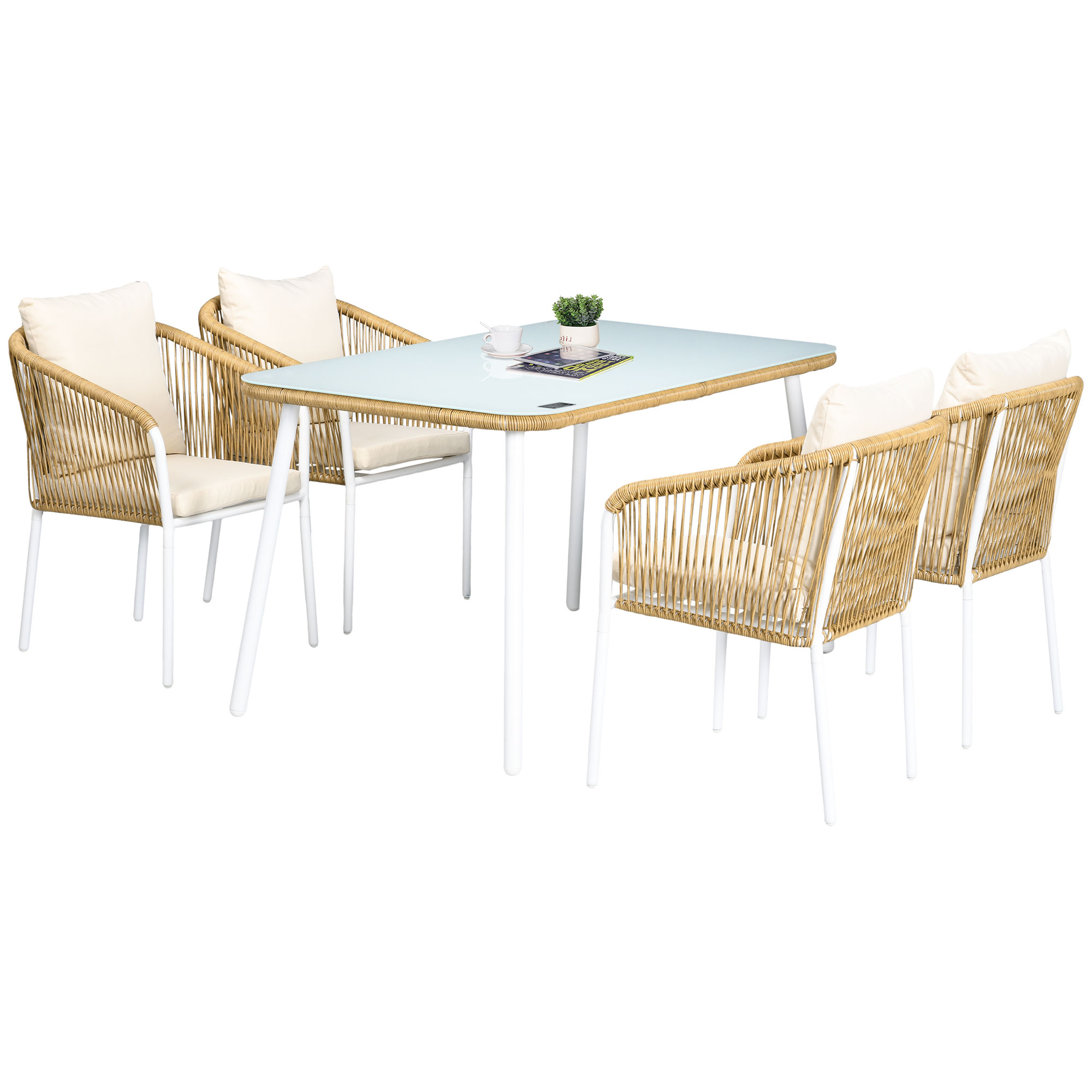 Gartengarnitur, 5-teilig, Rattanoptik, Sitz- & Rückenkissen, rostfreier Alu-Rahmen, Gelb/Weiß/Beige Gartengarnitur, 5-teilig, Rattanoptik, Sitz- & Rückenkissen, rostfreier Alu-Rahmen, Gelb/Weiß/Beige