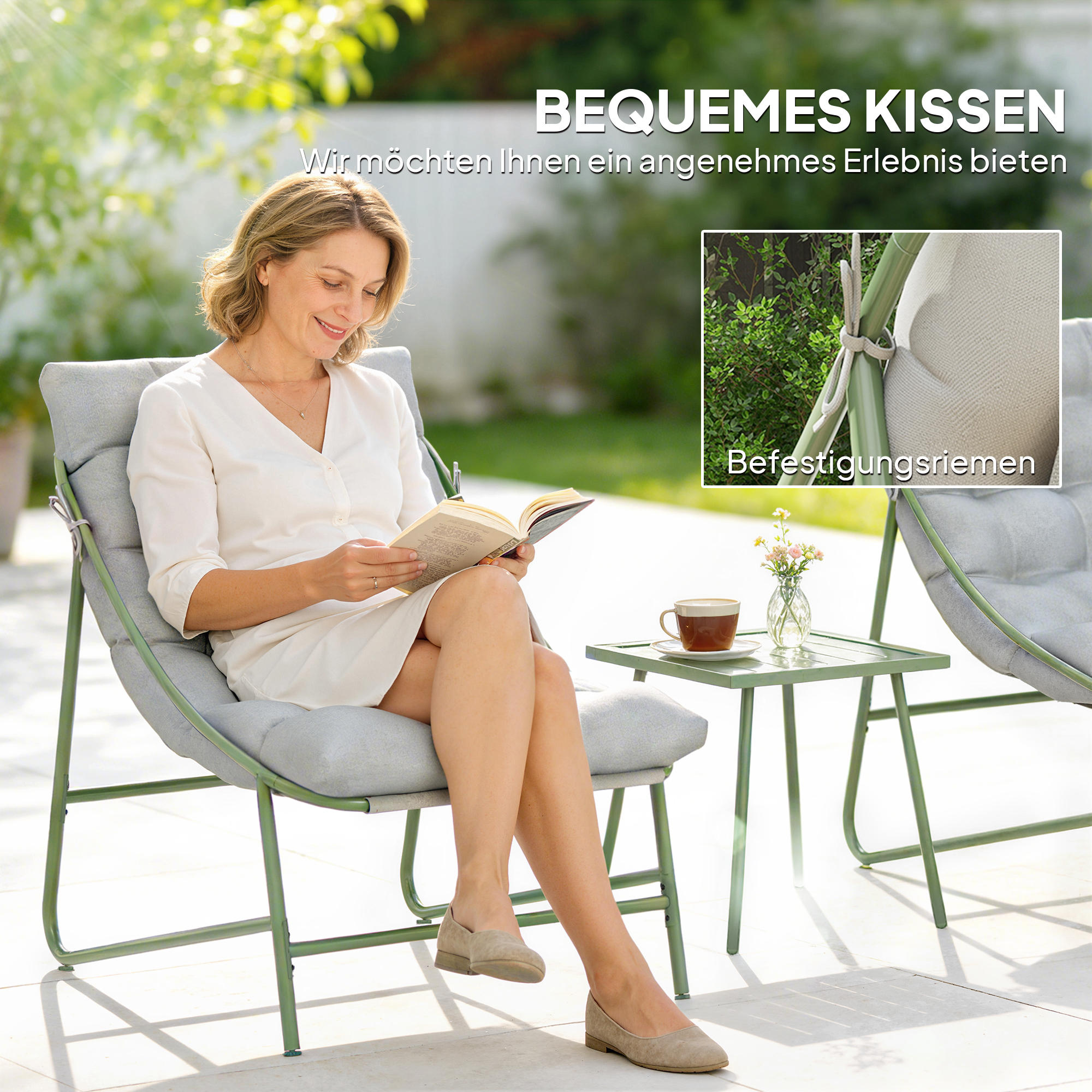 Balkonmöbel Set 3 teilig Gartenmöbel Set mit Tisch Kissen Stahlgestell verstellbar Fußpads Hellgrau