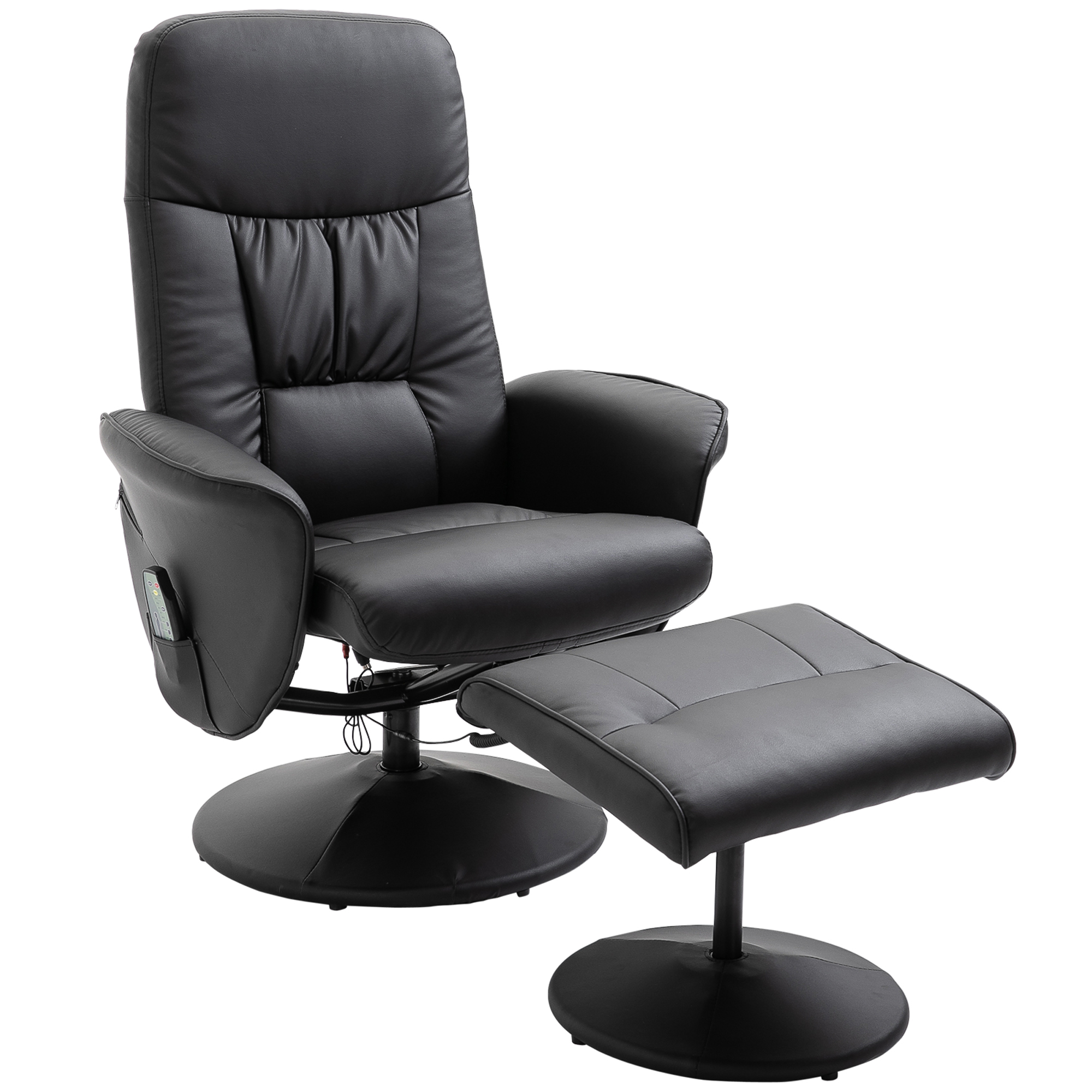 Relaxsessel mit Fußhocker, Massagesessel mit Liegefunktion, 10 Massagepunkte, Drehbarer Fernsehsessel mit Seitentasche, Fernbedienung, Kunstleder, Schwarz
