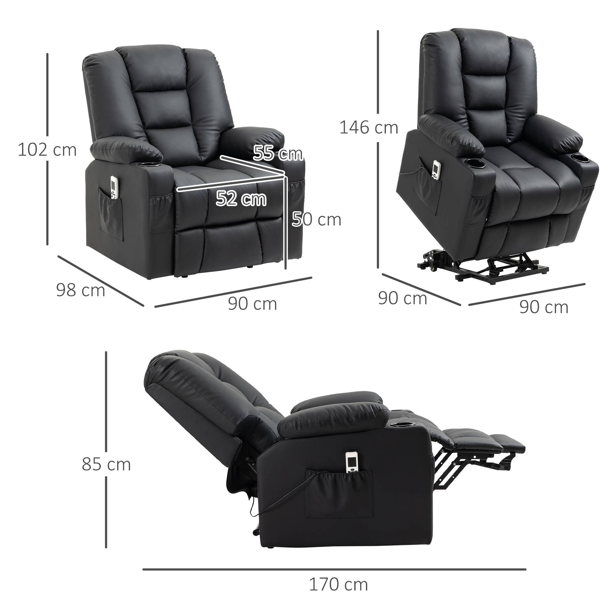 Relaxsessel mit Aufstehhilfe, USB, Massagefunktion, Kunstleder, bis 150 kg, 90x98x102 cm, Schwarz