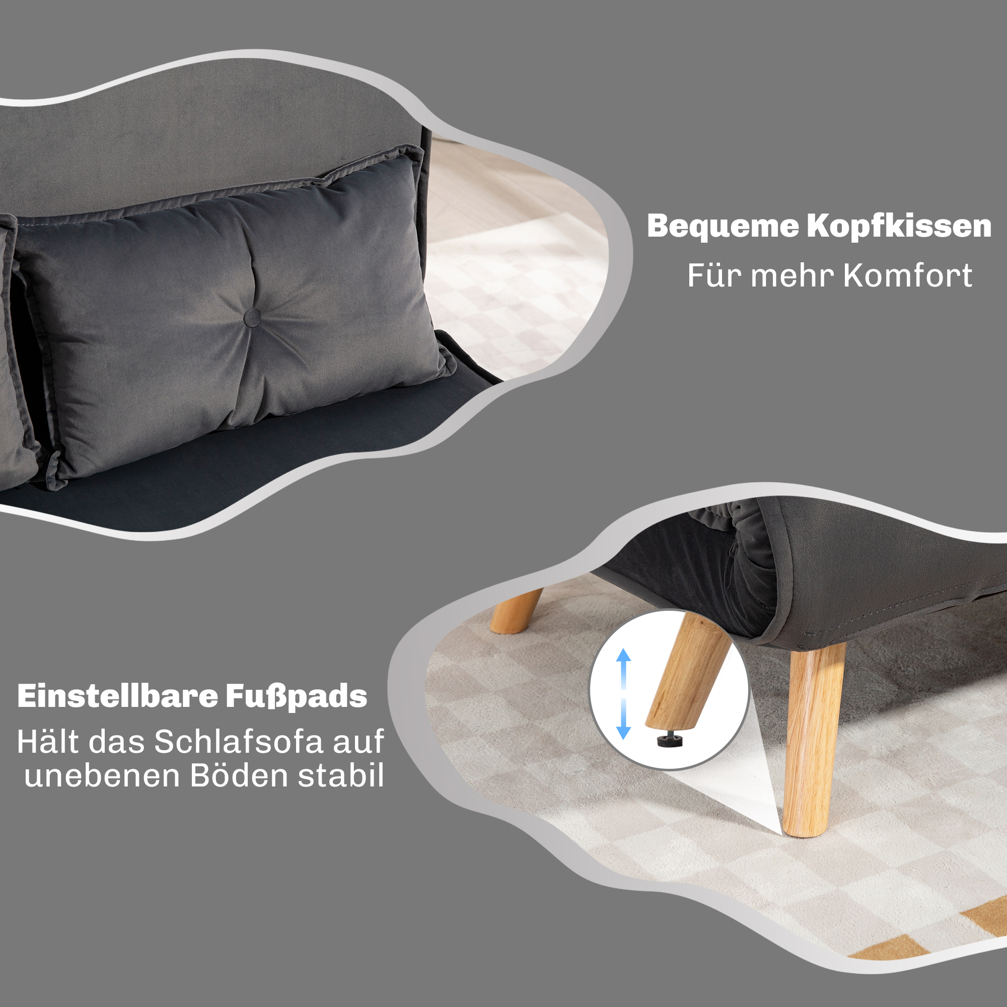 2-Sitzer-Schlafsofa, Bettsofa, in Bett umwandelbare Couch, verstellbare Rückenlehne, Stoffbezug, Metallrahmen, Grau