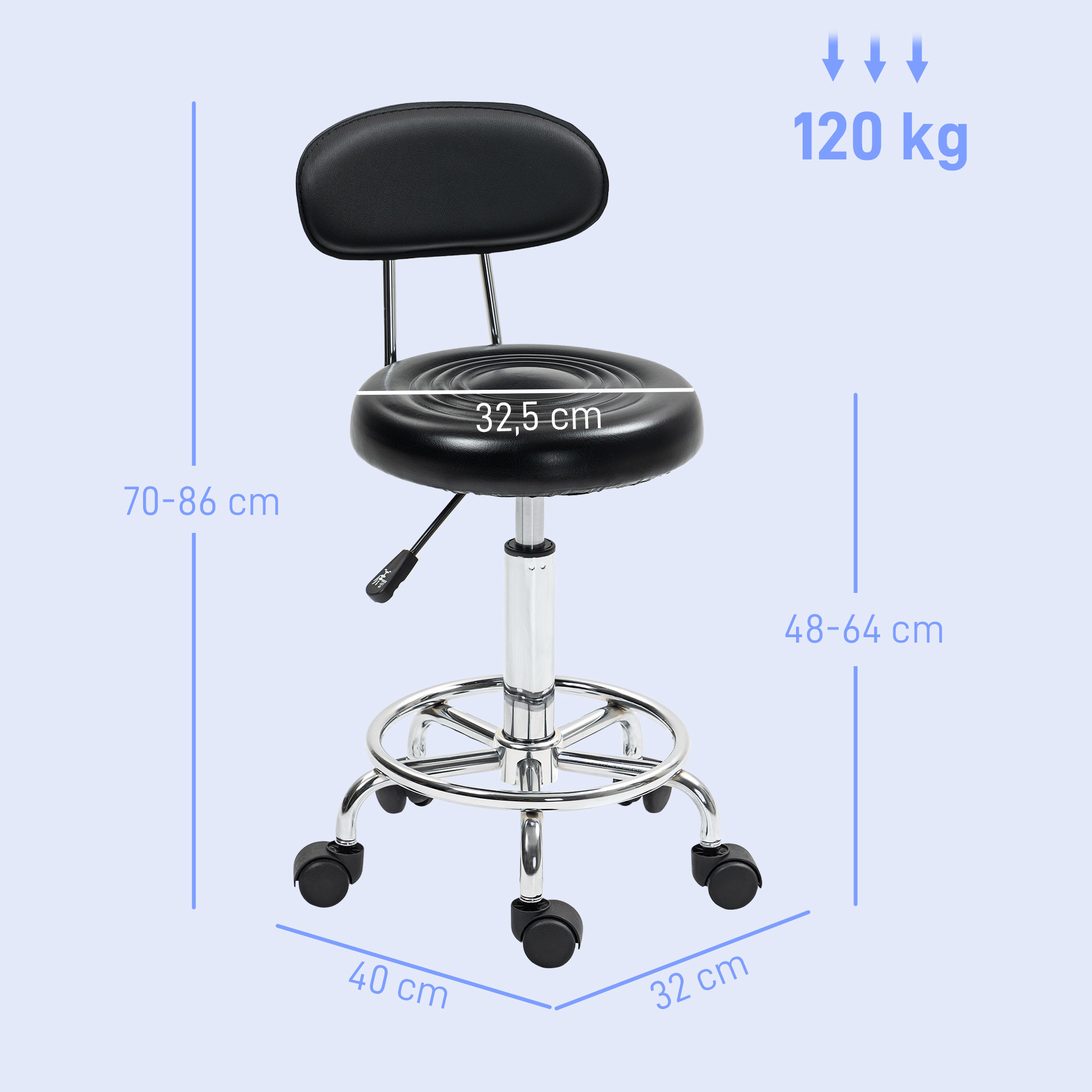 Rollhocker, Drehbarer und verstellbarer Hocker mit Rückenlehne, Kunstlederbezug, Fußstütze, für Frisiertische, Schwarz