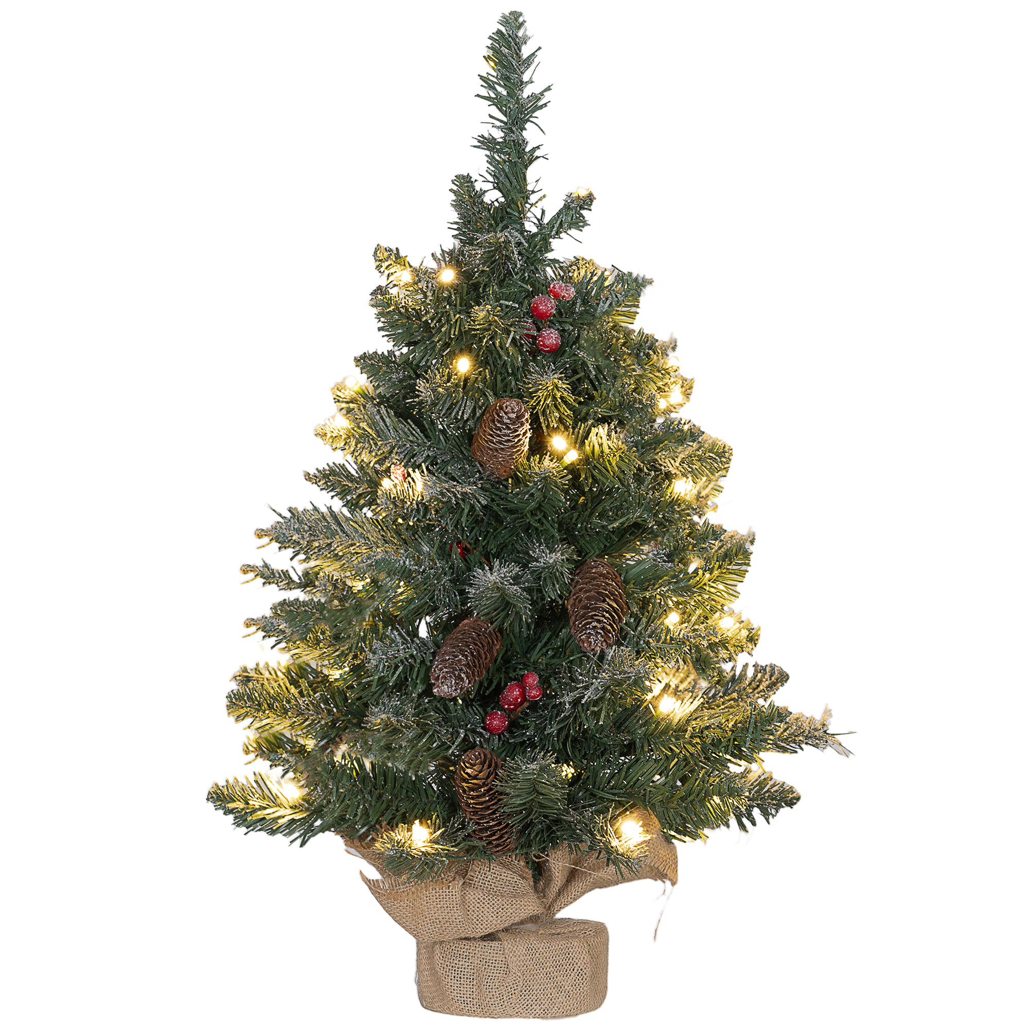 Weihnachtsbaum mit LED-Beleuchtung, 60 cm, Tannenzapfen und rote Beeren, inkl. Ständer, Grün/Weiß