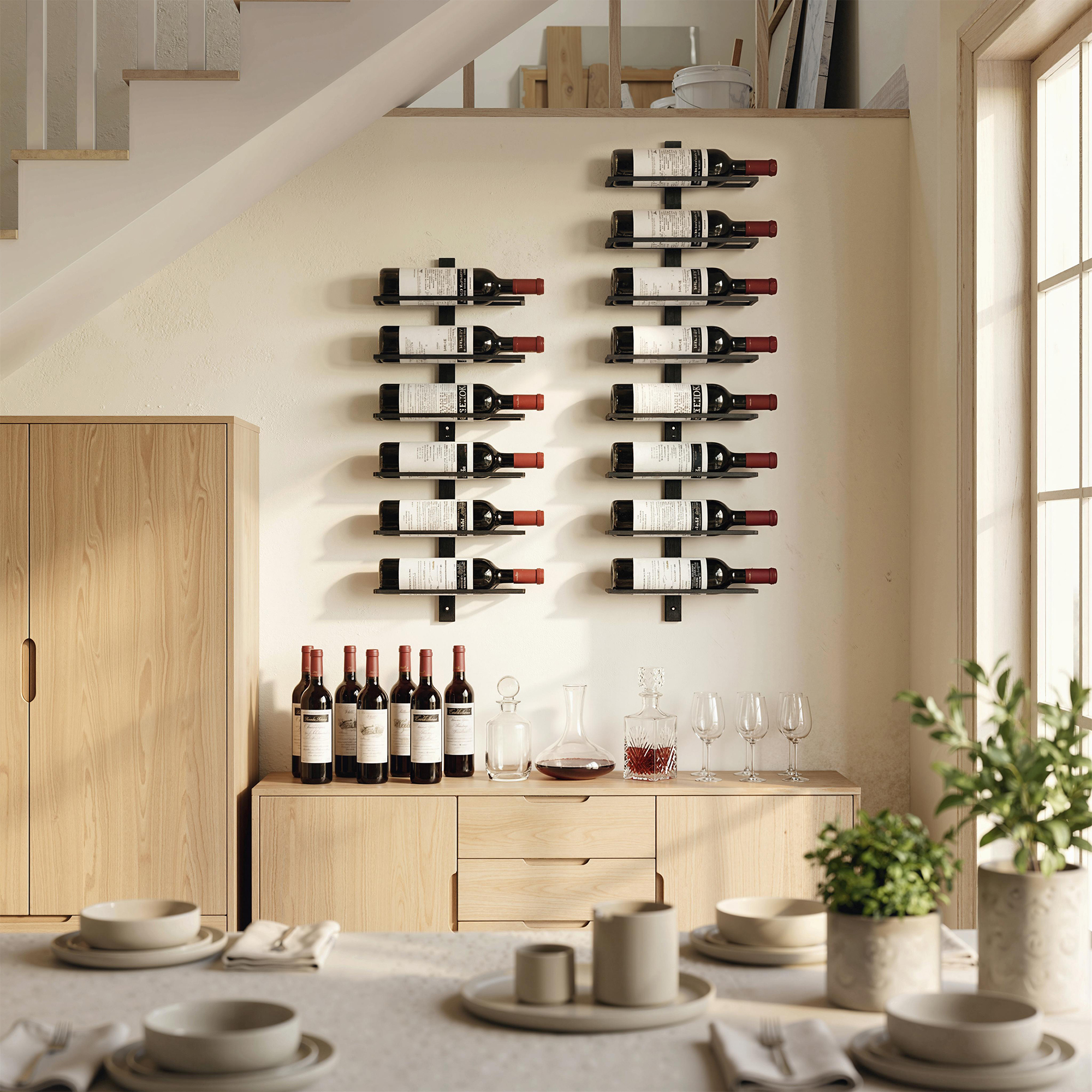 Weinregal, Wandregal für 6 Flaschen Wein, 6 Ebenen, Stahlrohr, für Küche, Wohnzimmer, Hausbar, Schwarz