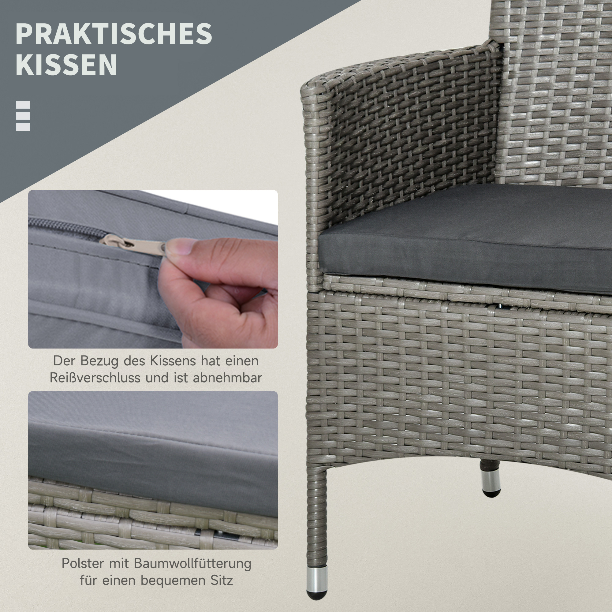 Polyrattan Gartenmöbel Set, Outdoor Lounge Balkonmöbel für 2 Personen, 3-teilig Sitzgruppe, 2 Stühle, Tisch Sitzkissen, Gartenlounge für Garten, Terrasse, Balkon, Grau
