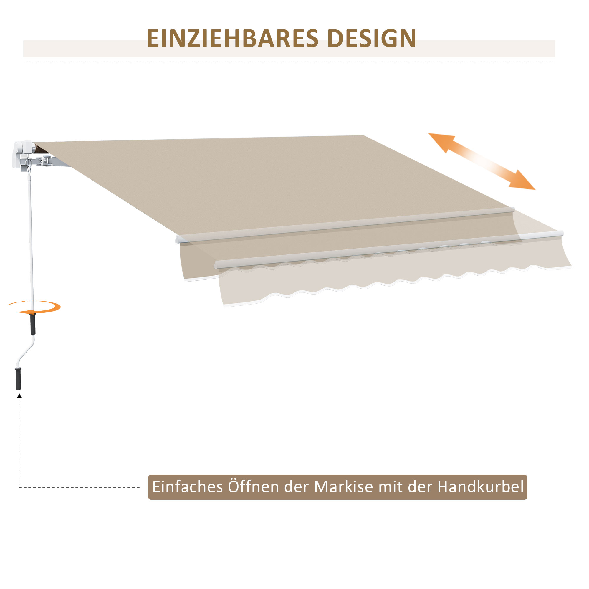 Markise, Sonnenschutz, einfahrbar, mit Handkurbel, Metallrahmen, Polyester, Weiß+Beige, 3,95 x 2,45 m