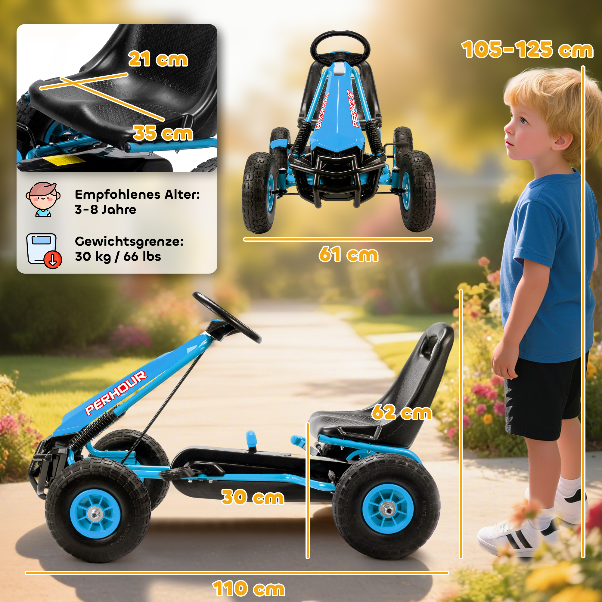 Pedal-Gokart für Kinder, höhenverstellbarer Sitz, EVA-Räder, Bremse, Kupplung, 3-8 Jahre, Blau