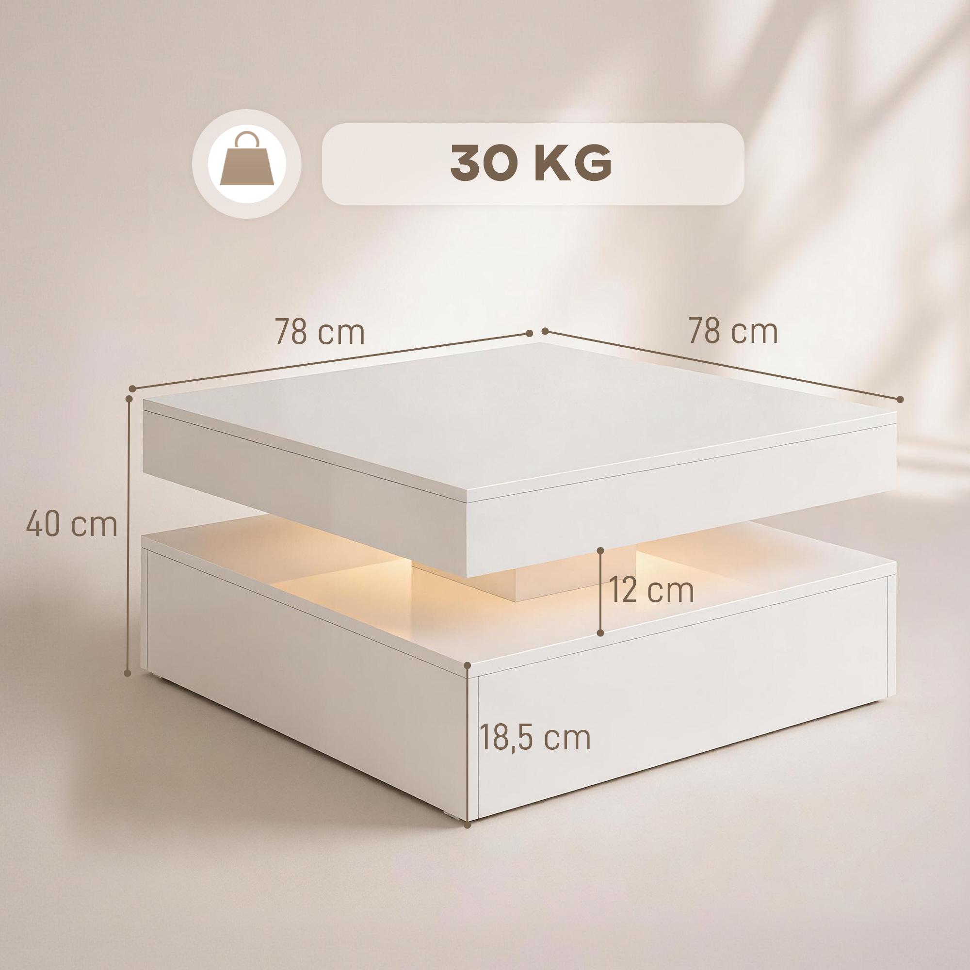 LED-Couchtisch mit Stauraum, 2-stufiger moderner Tisch mit offener Ablage und Fernbedienung, Hochglanz Weiß