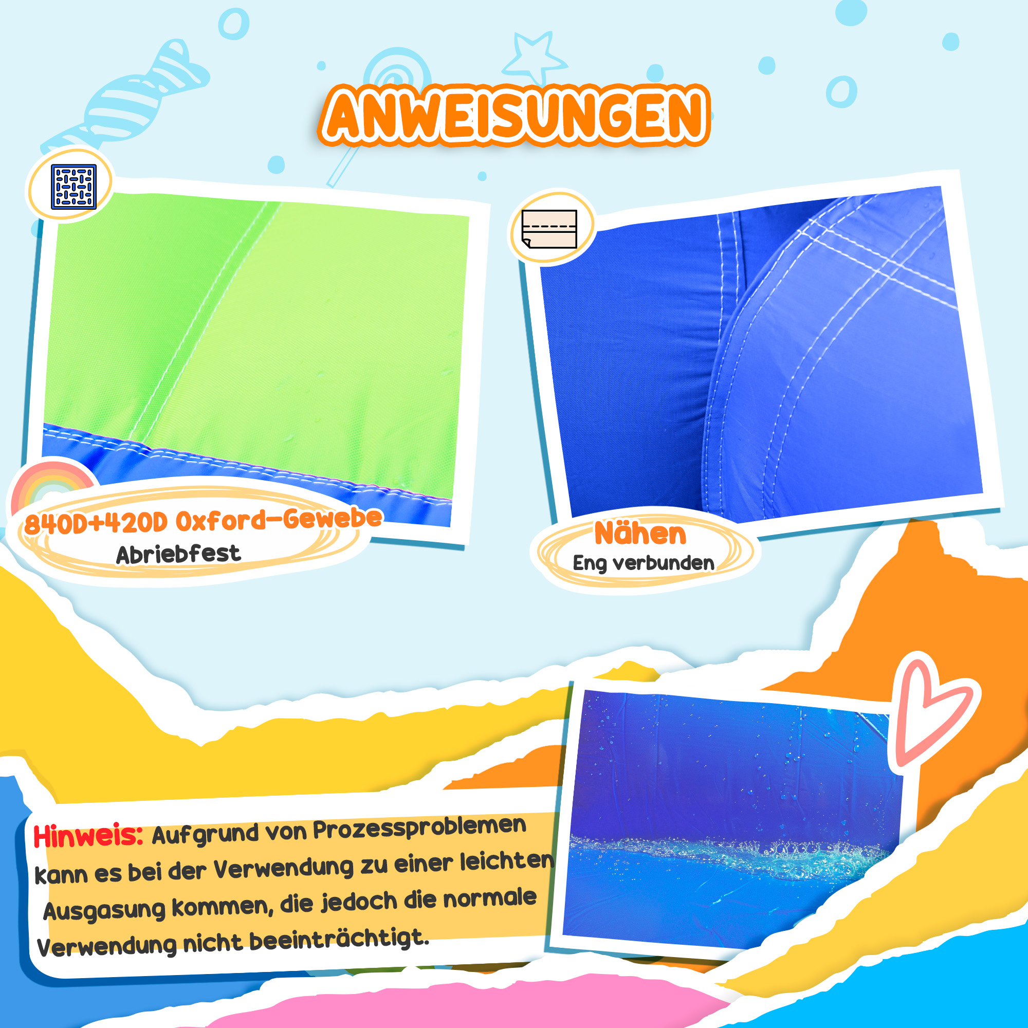 Hüpfburg, mit Rusche, Hüpfbereich, Pool, aufblasbar, inkl. Elektropumpe, für bis 3 Kinder, 380 x 340 x 170 cm