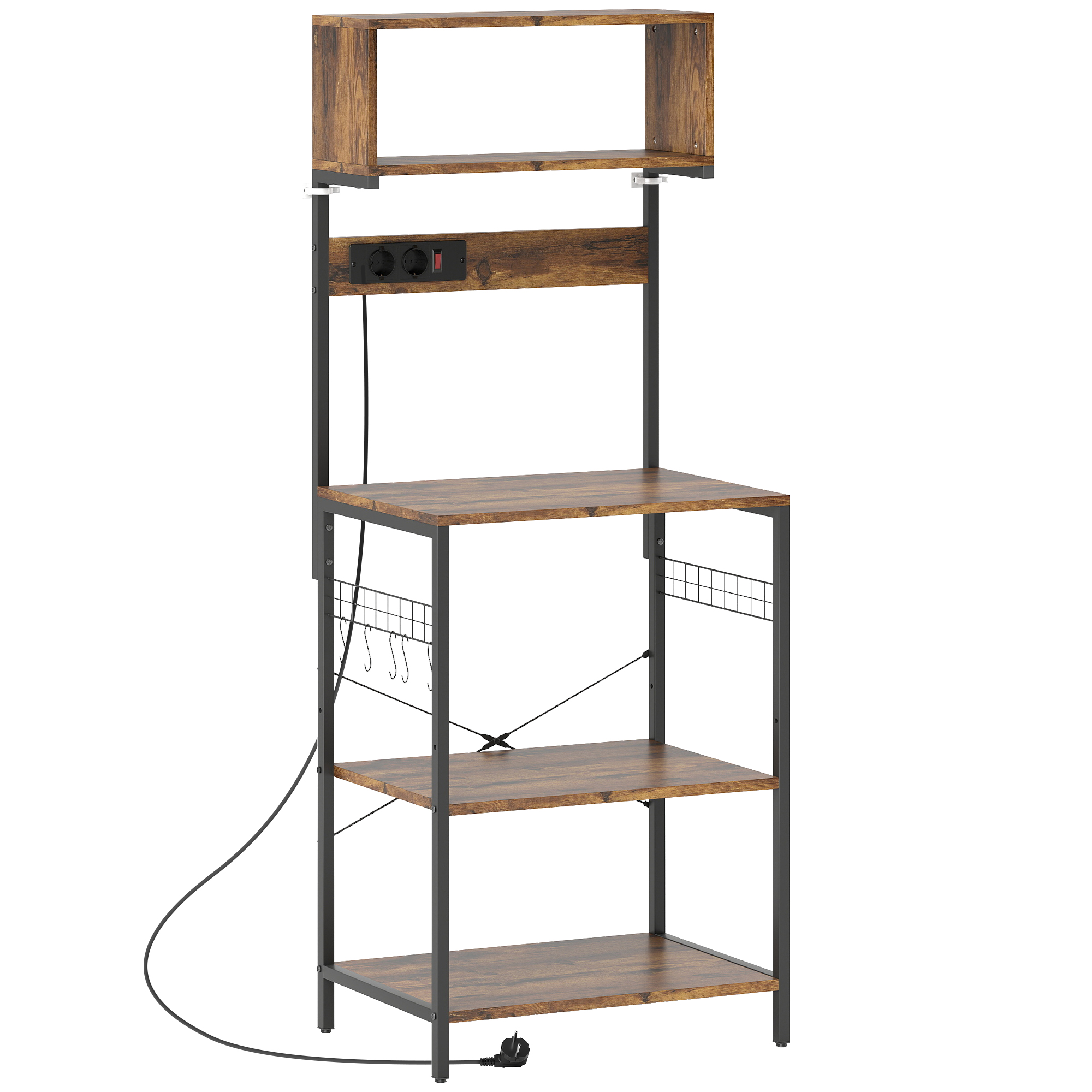 Küchenregal, Standregal mit 5 S-Haken, 5 Ablagen, Steckdose, aus Stahl, Rustikal-Braun, 60 x 42 x 153 cm