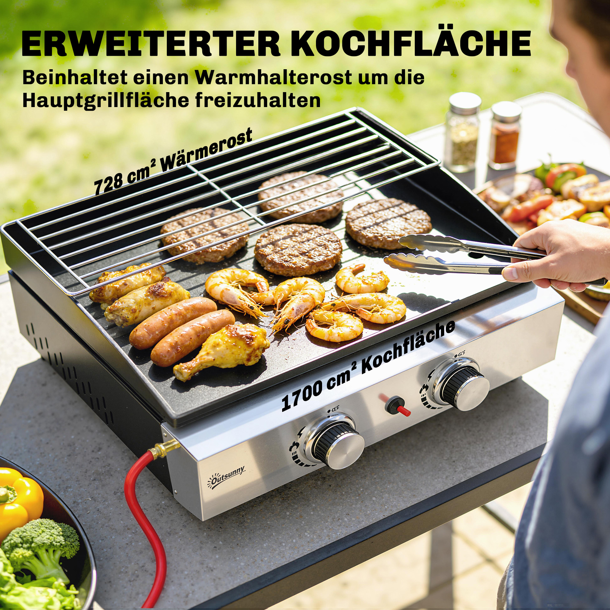 Gasgrill 5kW Tragbarer Tischgrill mit 2 Brenner Keramische Lackbeschichtung Grillrost Warmhalterost