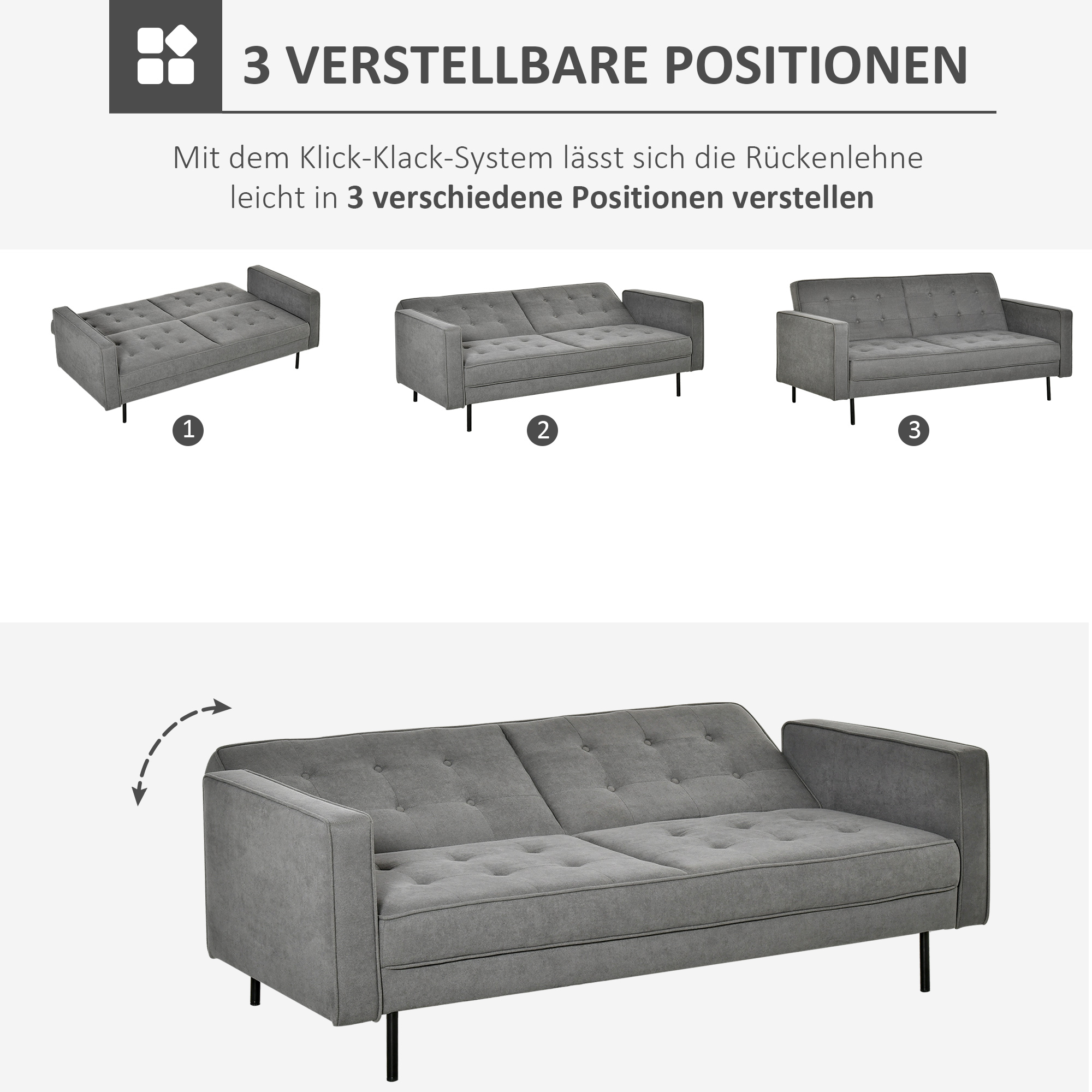 Schlafsofa 3-Sitzer Schlafcouch Stoffsofa Sofa mit Schlaffunktion Bettsofa mit verstellbarem Winkel Vintage Eukalyptusholz Baumwolle Grau