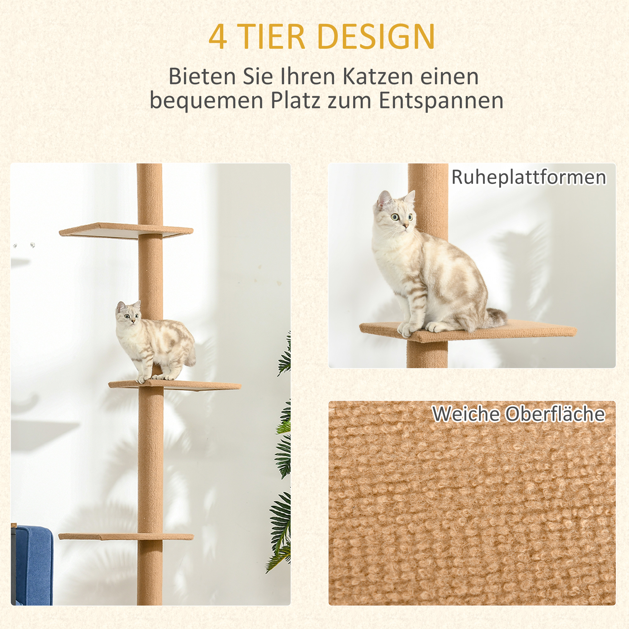 Kratzbaum Deckenhoch, 228-260 cm Höhenverstellbarer Katzenbaum Kletterbaum für Katzen mit 3 Ebenen, Katzenkratzbaum, Spielbaum vom Boden bis zur Decke Hellbraun