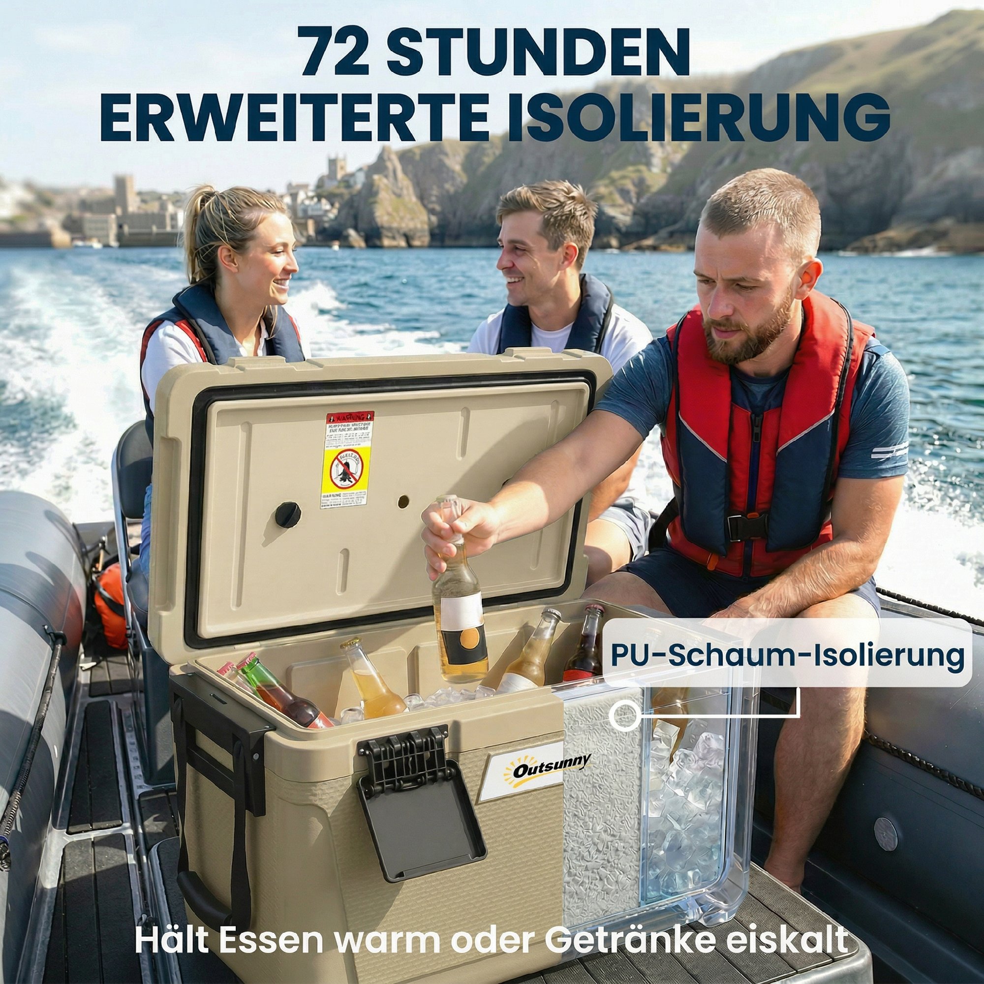 Kühlbox 42,6L Große Passive Thermobox bis zu 72 Std. Kühlung, mit PU-Vollschaumisolierung Ablassventil Griff, Tragbar