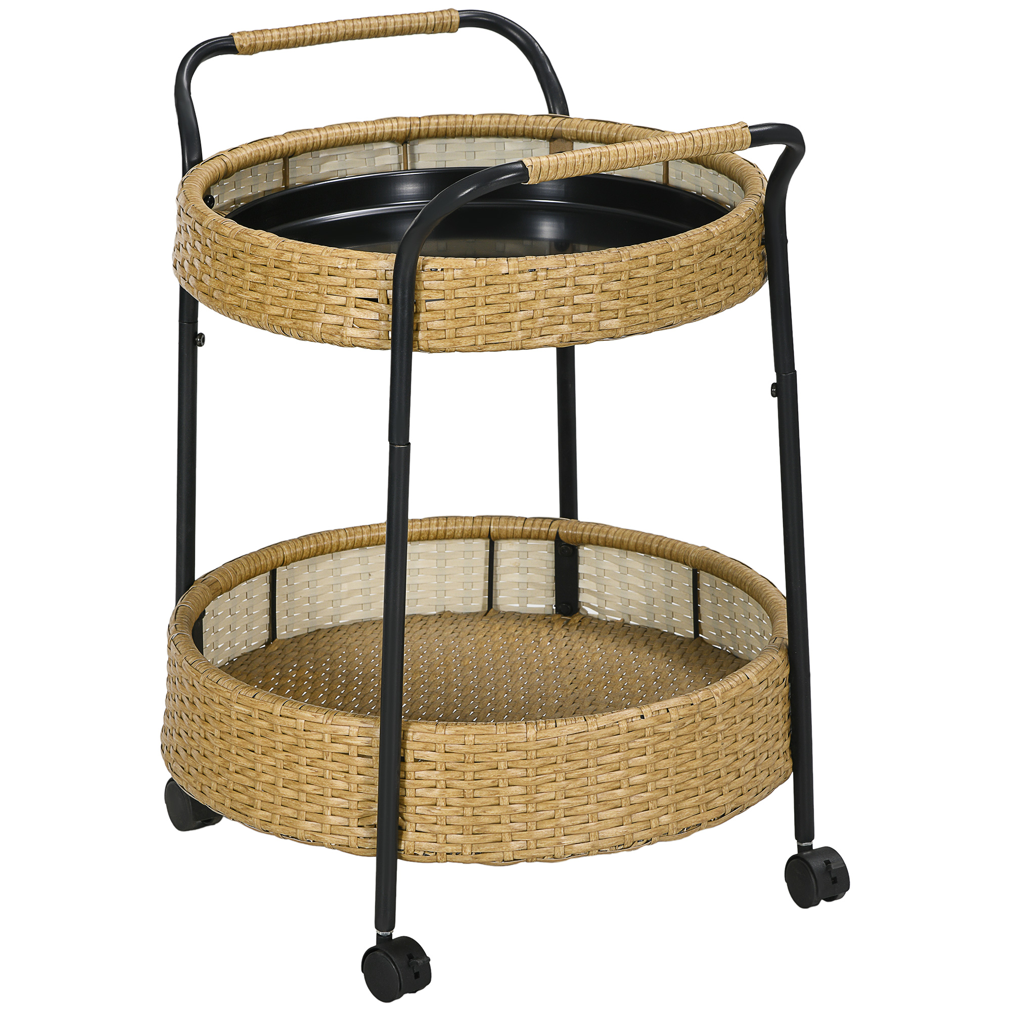 Outdoor Servierwagen, 2 Etagen, Bremsen, Polyrattan, Metallrahmen, ?50 x 66H cm, Gelb