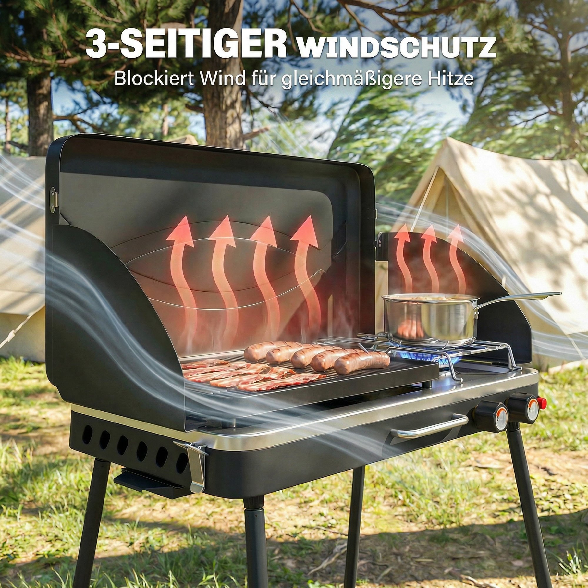 tragbarer Gasgrill 2 Brenner 7 kW 2-in-1 Tischgrill mit Braten klappbar Beinen Grillrost Windschutz Deckel Verschluss
