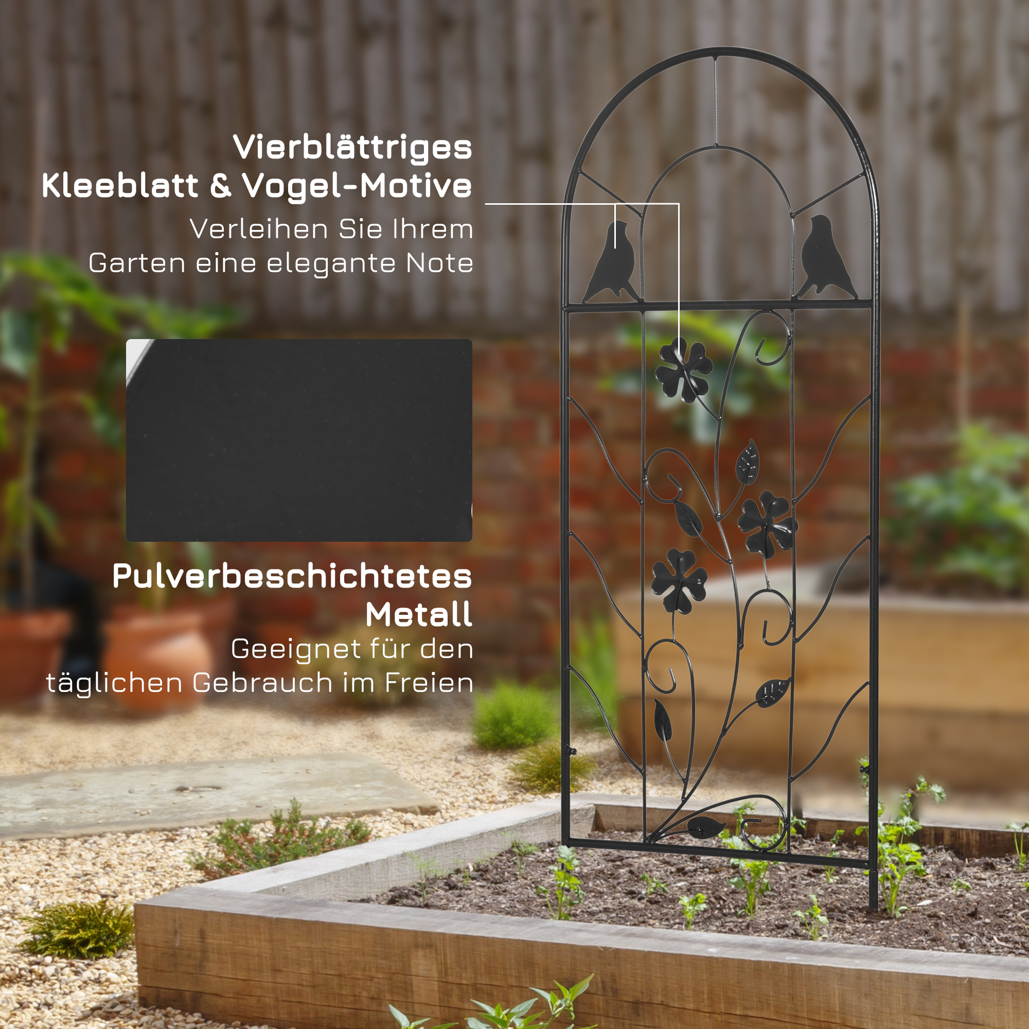 2er-Set Metallspalier, mit Vogel- und Kleeverzierung, für Garten & Terrasse, schwarz, 38 x 98 cm