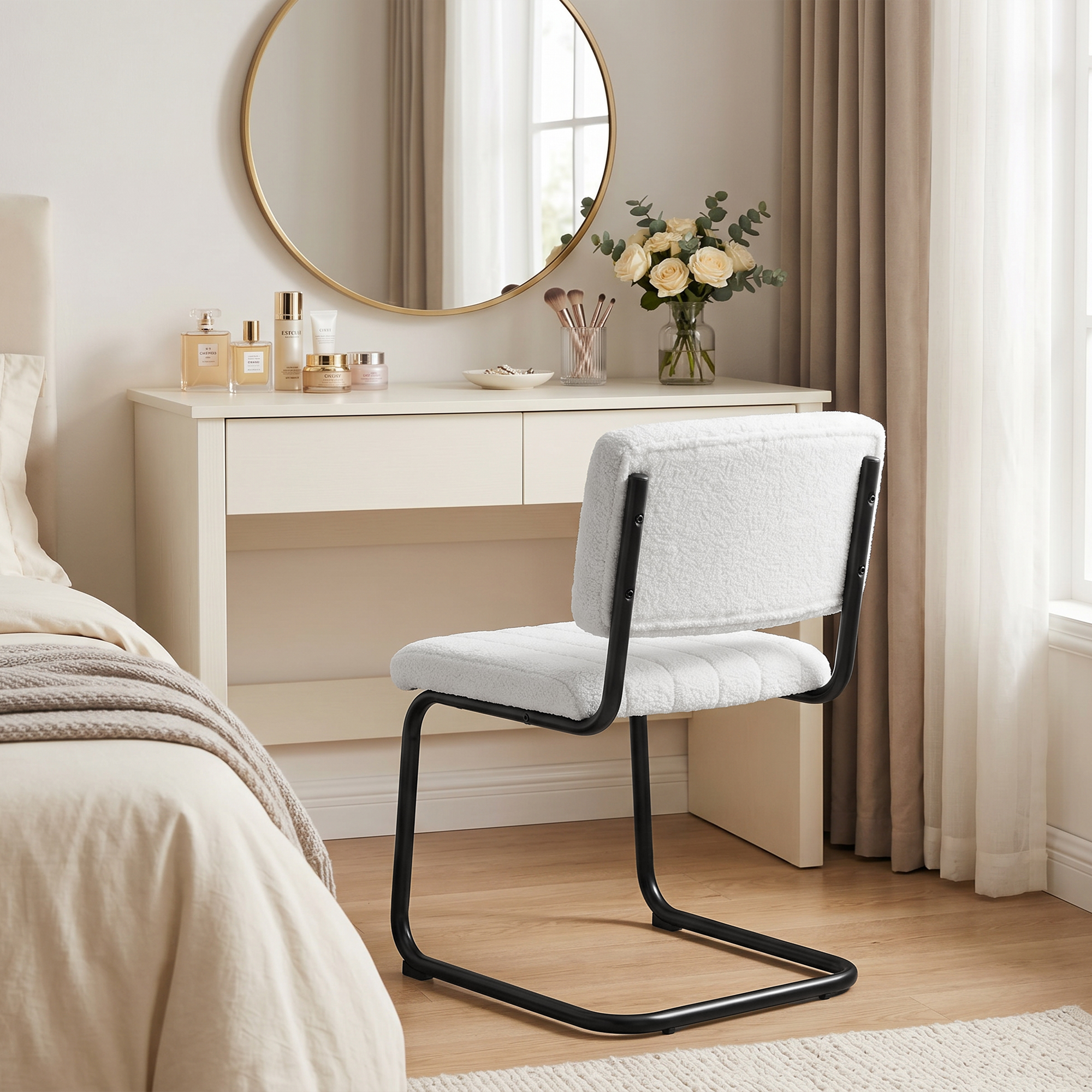 Esszimmerstühle 2er Set modern Freischwinger Stuhl mit hoher Rückenlehne, Teddyfleece-Optik für Küche, Esstisch Creme
