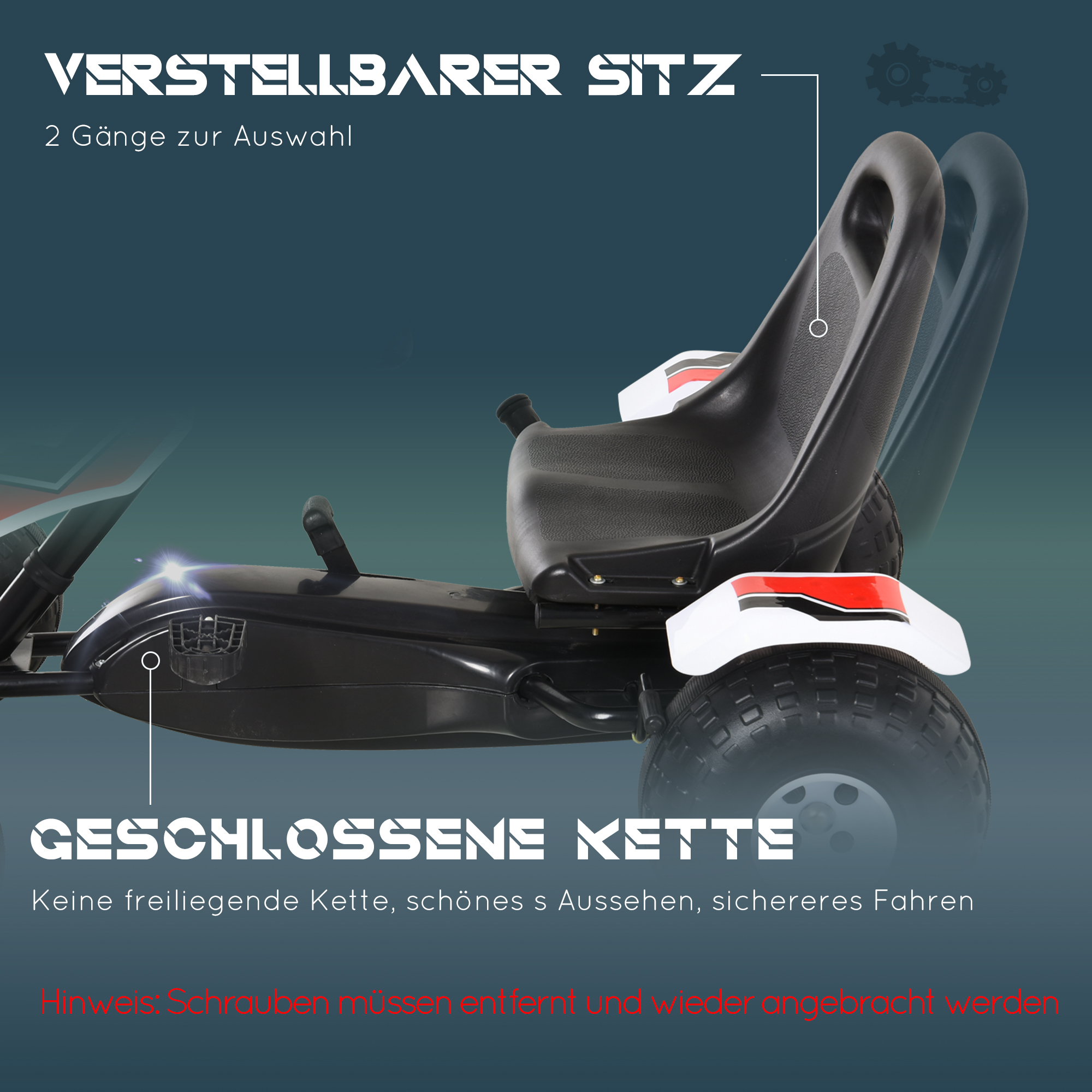 Gokart, Tretauto mit verstellbarem Sitz, Bremse, Pedalantrieb, Tretfahrzeug mit Vor- und Rückwärtsgang, Kinderfahrzeug bis 35 kg belastbar, für Kinder 3-6 Jahre Weiß