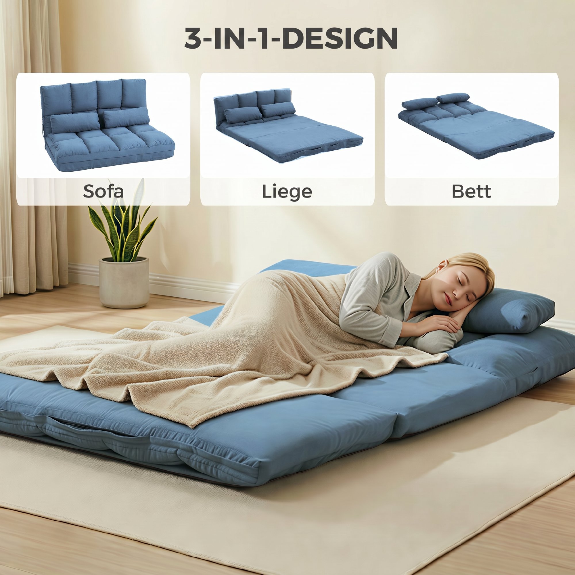 Bodensofa Schlafsofa Sofa, klappbar, verstellbare Rückenlehne, 102 cm x 73 cm x 60 cm , Blau