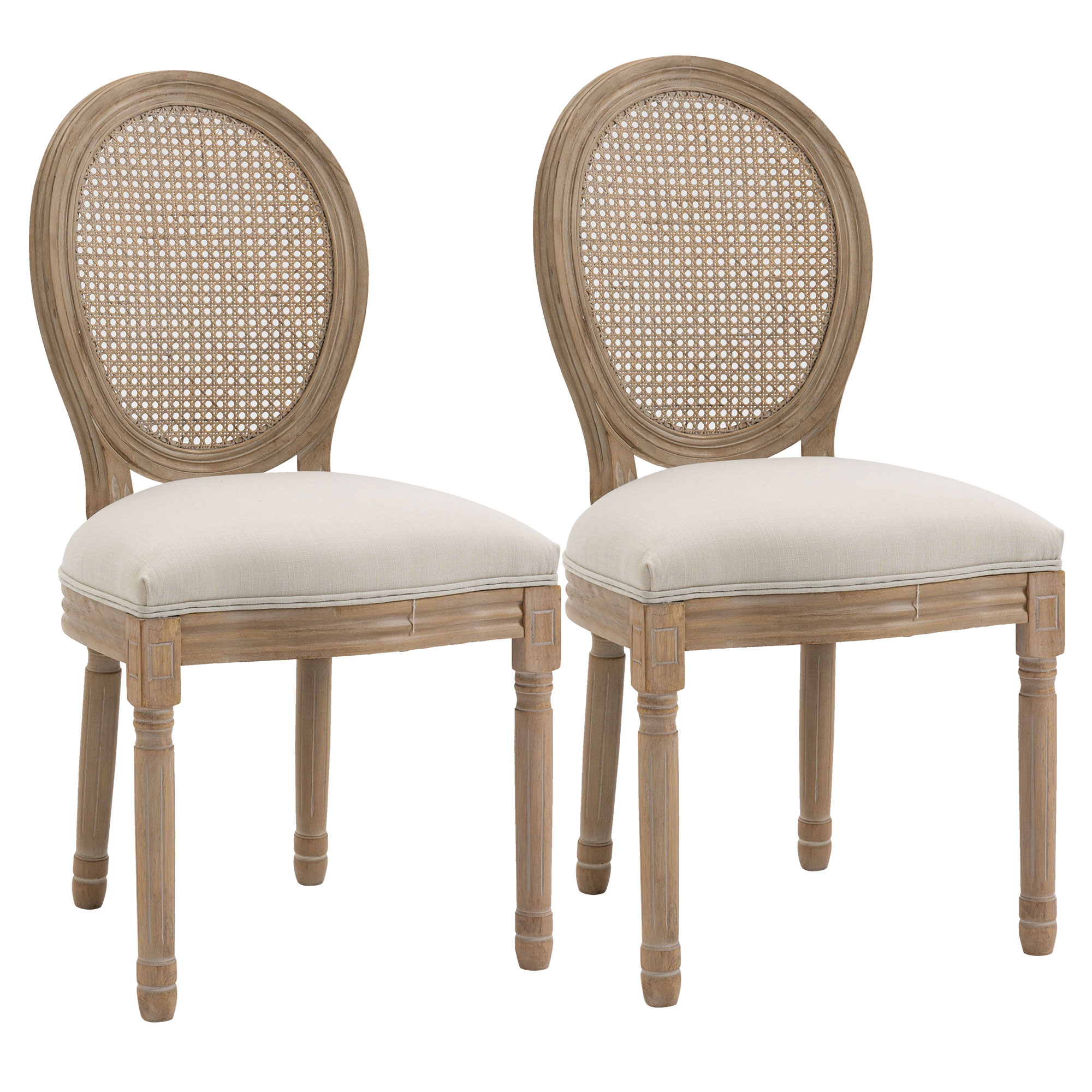 2er-Set Küchenstühle Polsterstühle Wienergeflecht, Massivholz, 49 cm x 56 cm x 96 cm, Cremeweiß +Natur