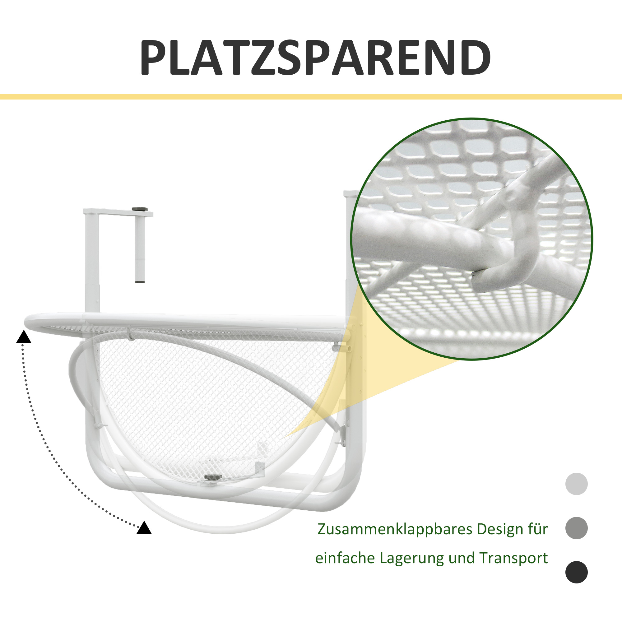 Balkonhängetisch Hängetisch Gartentisch höhenverstellbar halbrund Ø30 cm Terrasse Metall Weiß L60 x B45 x H50 cm