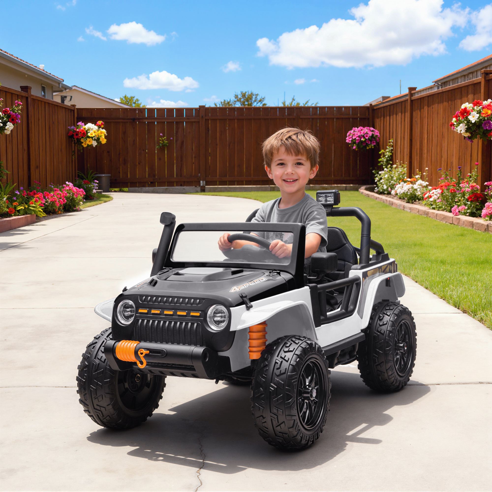 Elektrofahrzeug für Kinder, 12V Batterie, mit Eltern-Kind-Sitz, fernsteuerbar, Musik, Hupe, LED-Lichter, 3-8 Jahre, Weiß