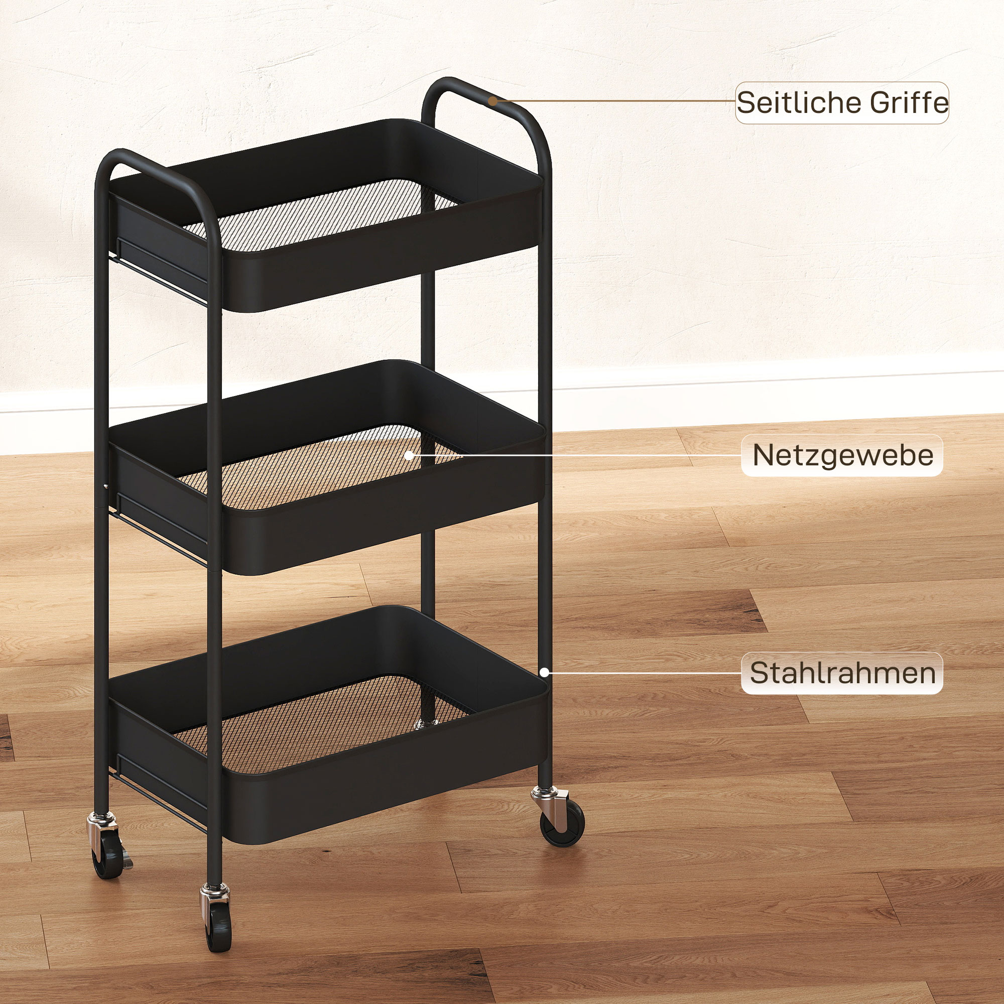Mehrzweckwagen Rollwagen Küchenwagen, 3 Regale, 4 Rollen, 45 cm x 30,6 cm x 79 cm, Schwarz