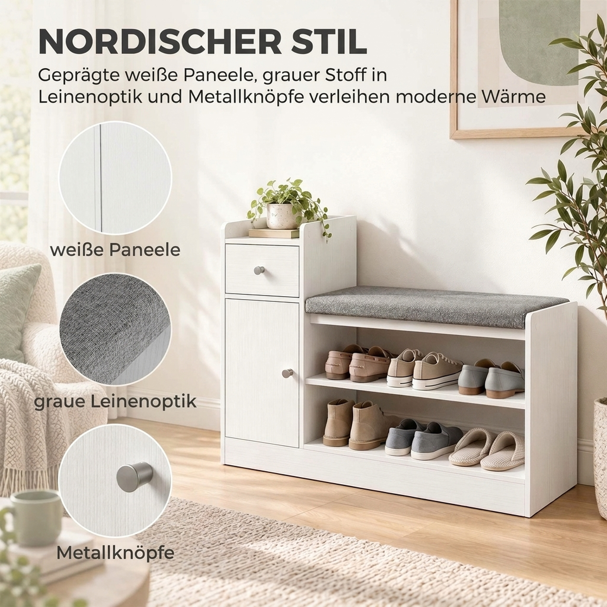 Schuhbank mit Sitzkissen Schublade und offenen Ablagen Flurbank 90x29,8x67,8cm Weiß