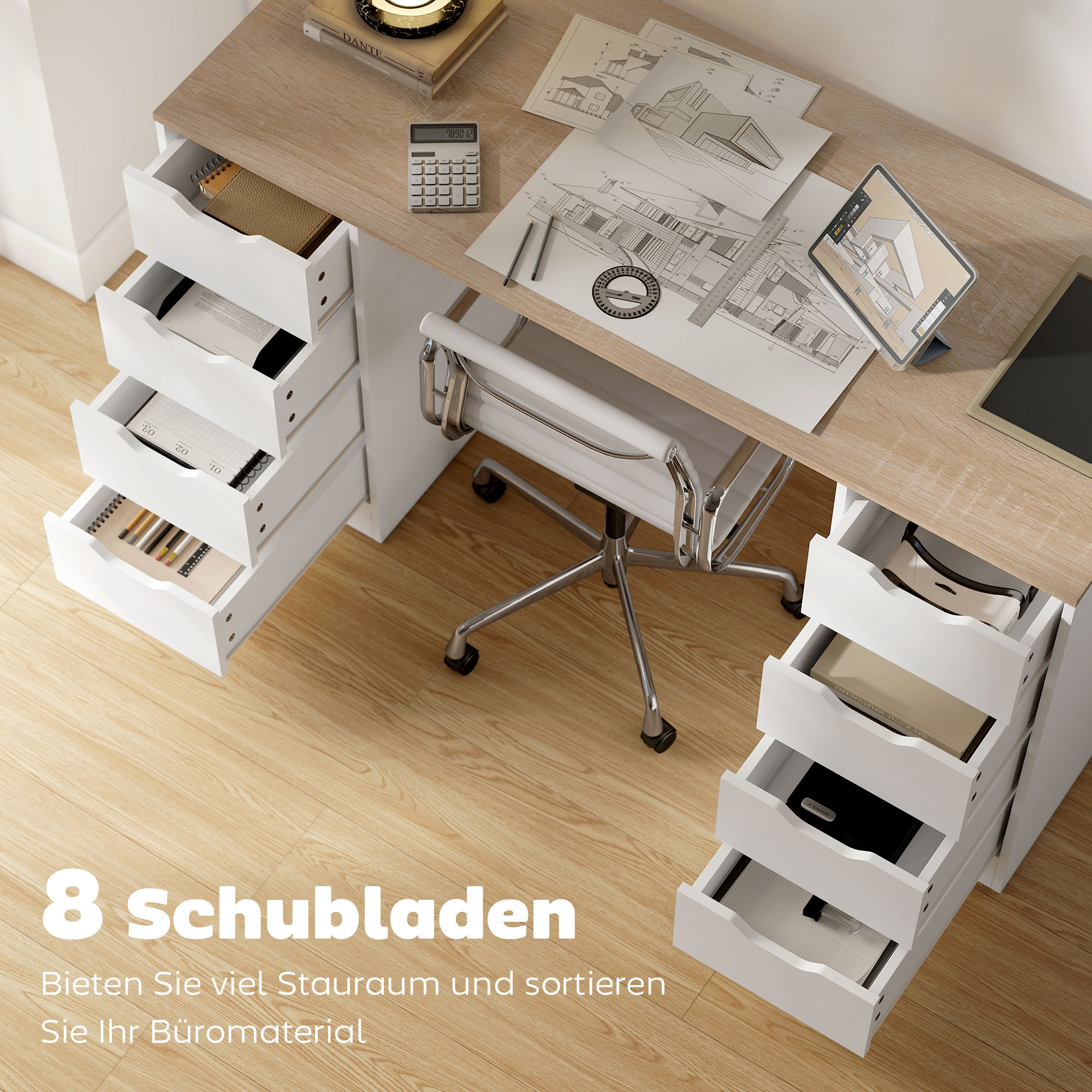 140 cm Computertisch, 8 Schubladen, Schreibtisch für Homeoffice, Schlafzimmer, Stahl, Holz, Weiß